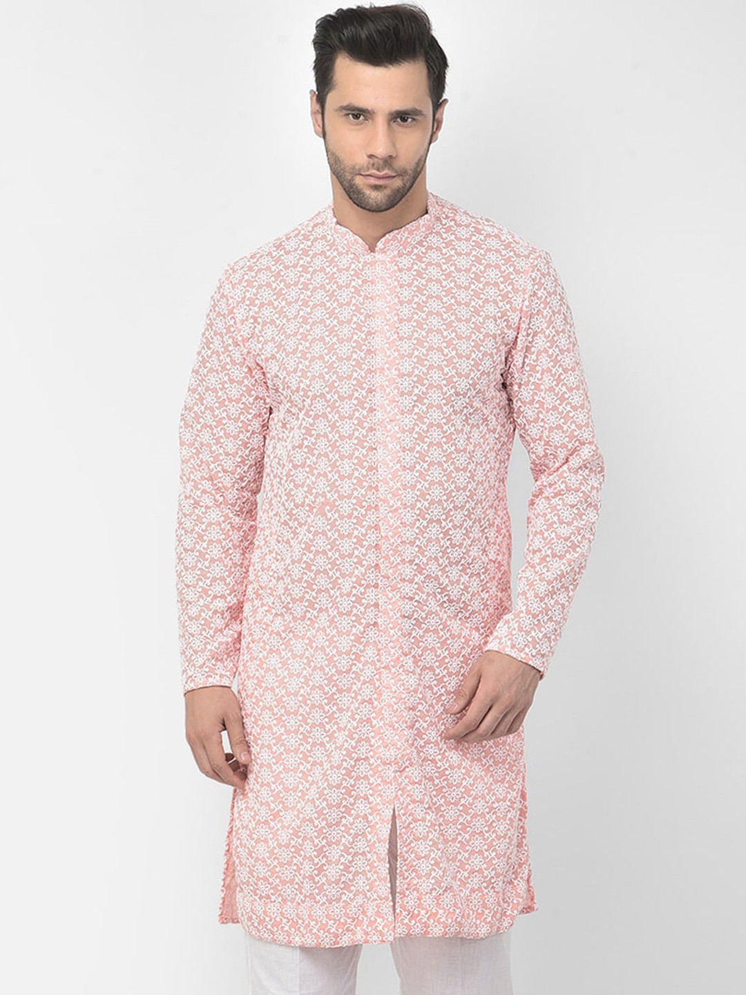 

DEYANN Floral Embroidered Pure Cotton Chikankari Kurta, Peach