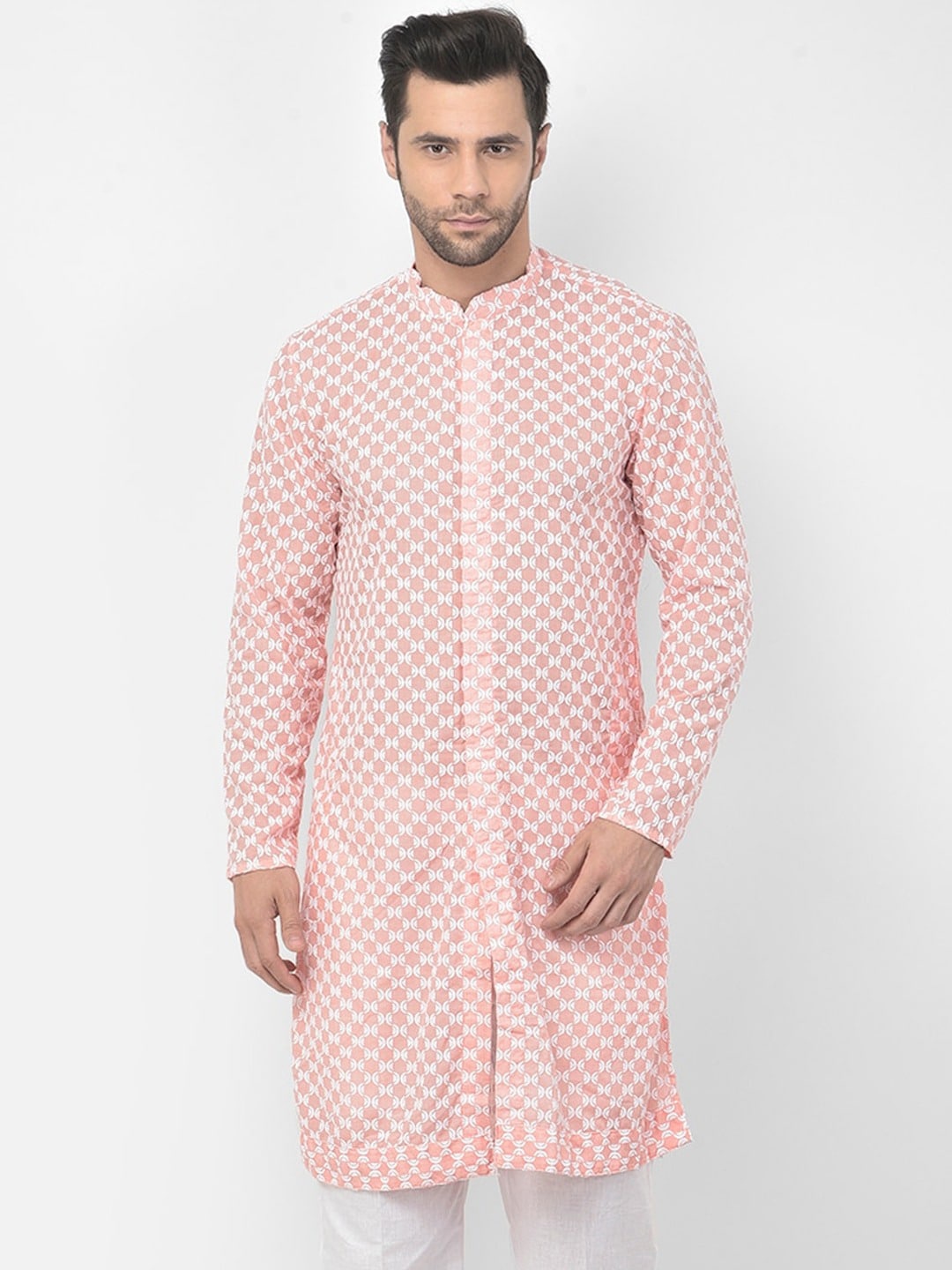 

DEYANN Ethnic Motifs Embroidered Chikankari Detailed Pure Cotton Straight Kurta, Peach