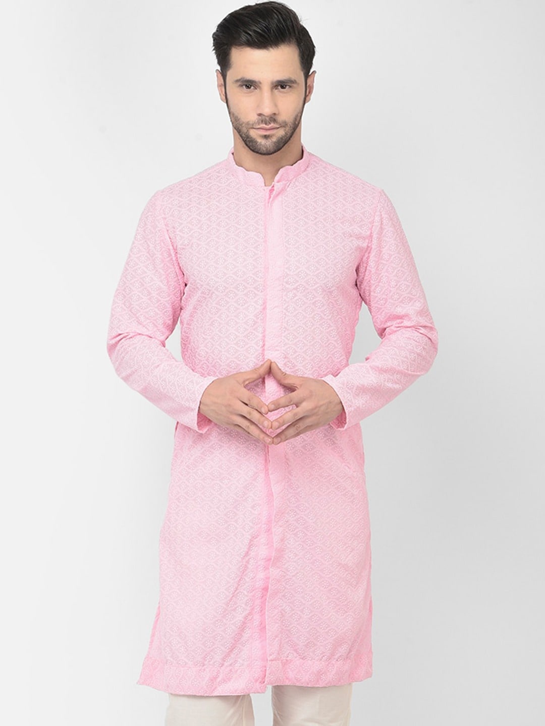 

DEYANN Ethnic Motifs Embroidered Chikankari Detailed Pure Cotton Straight Kurta, Pink