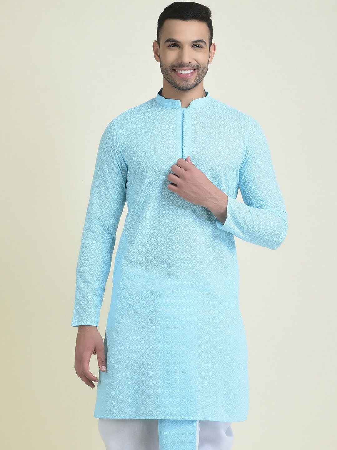 

DEYANN Ethnic Motifs Embroidered Chikankari Detailed Pure Cotton Straight Kurta, Blue