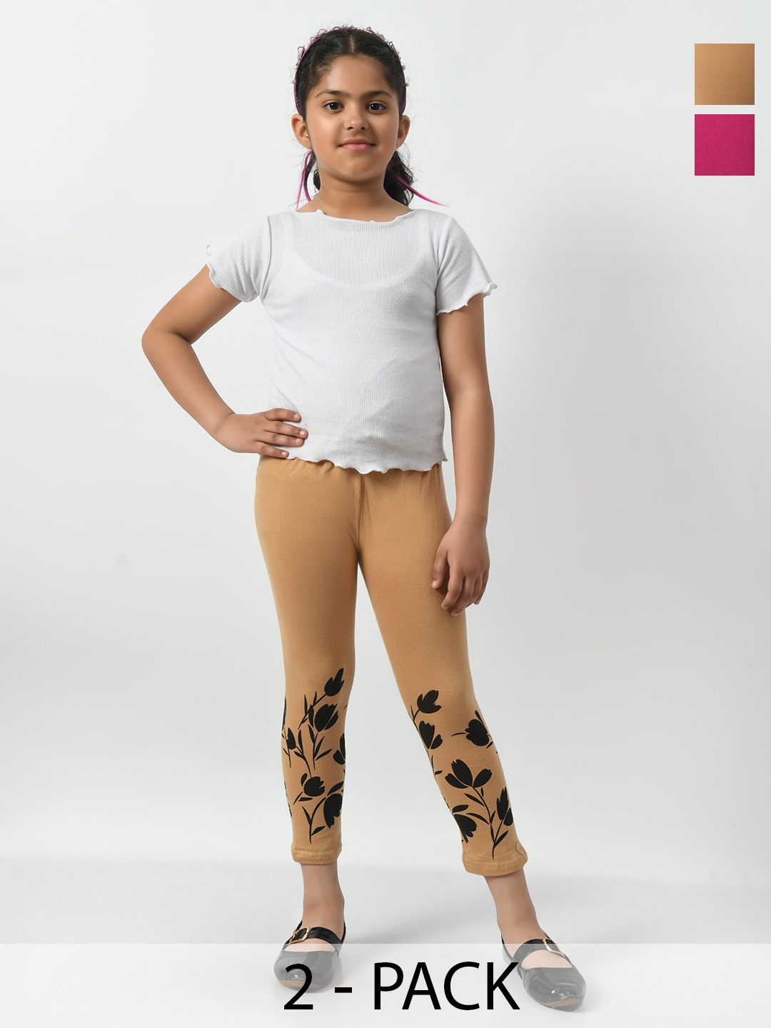 

BAESD Girls Pack of 2 Printed Slim Fit Cotton Capris, Beige