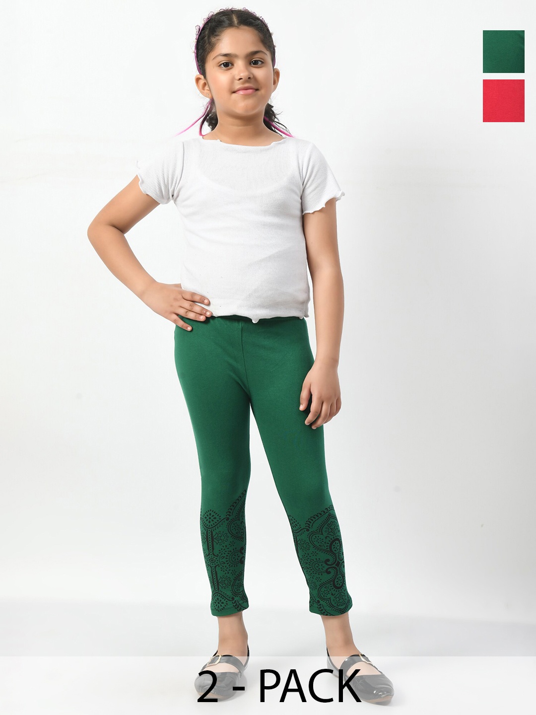 

BAESD Girls Pack of 2 Printed Slim Fit Cotton Capris, Green