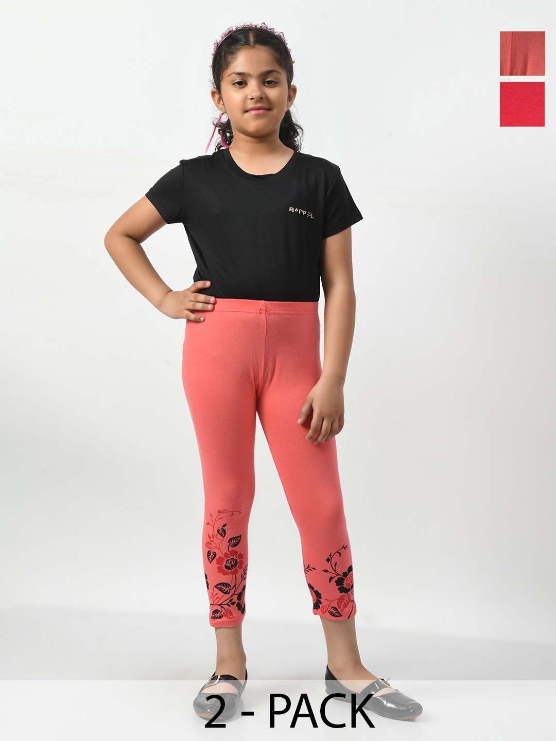 BAESD Girls Pack of 2 Printed Slim Fit Cotton Capris, Red