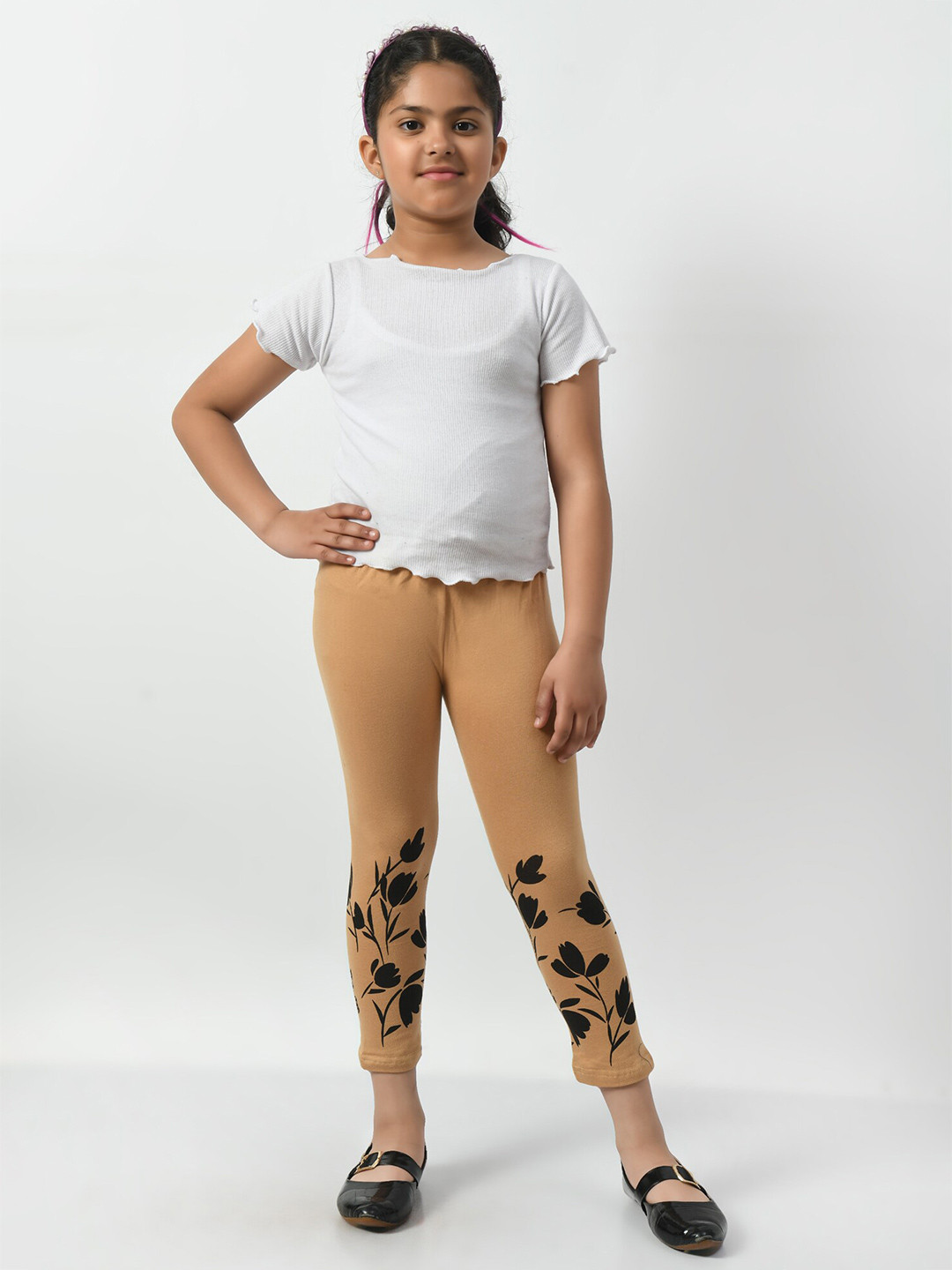 

BAESD Girls Pack of 2 Printed Slim Fit Cotton Capris, Beige