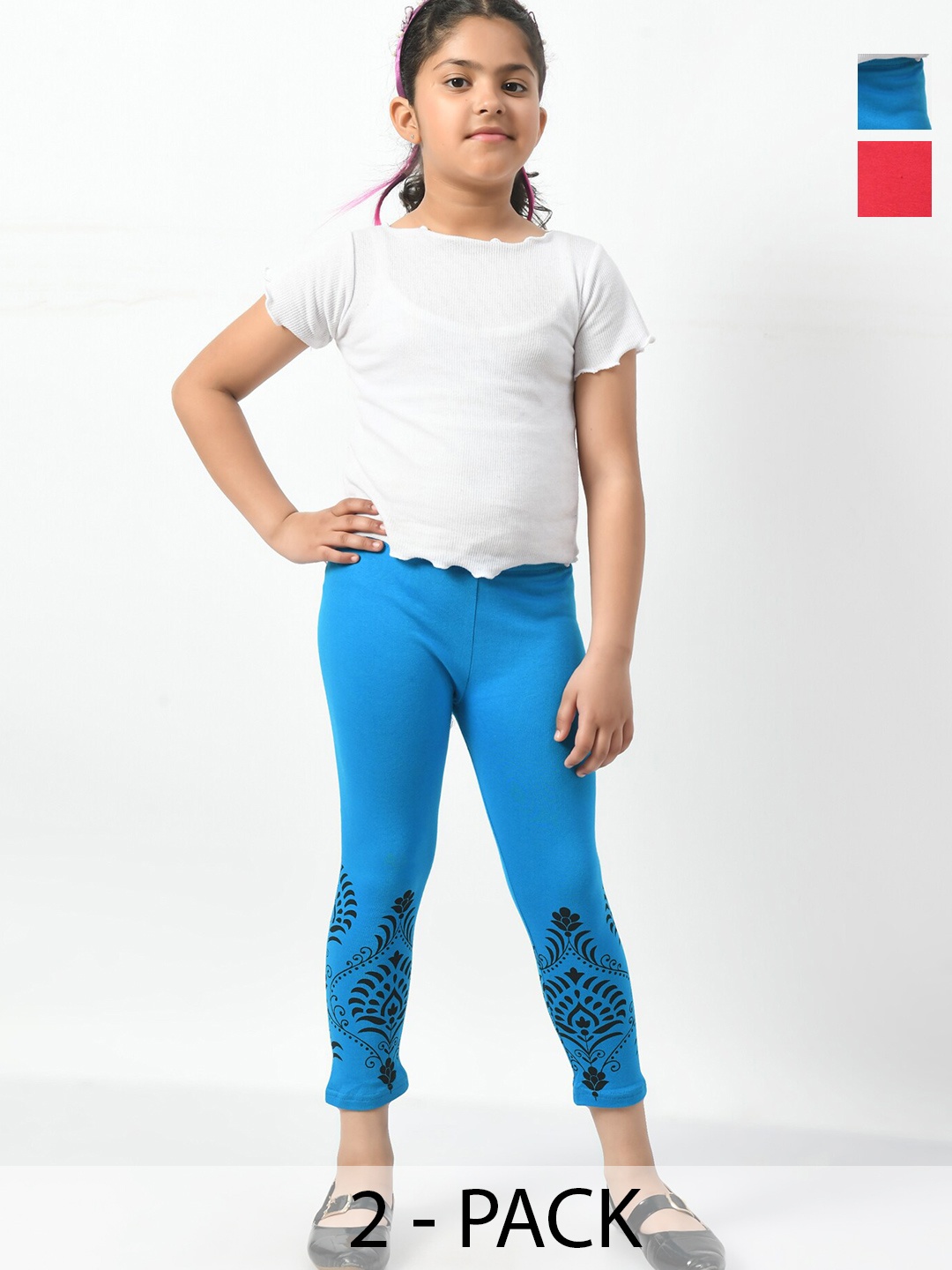 

BAESD Girls Pack of 2 Printed Slim Fit Cotton Capris, Blue