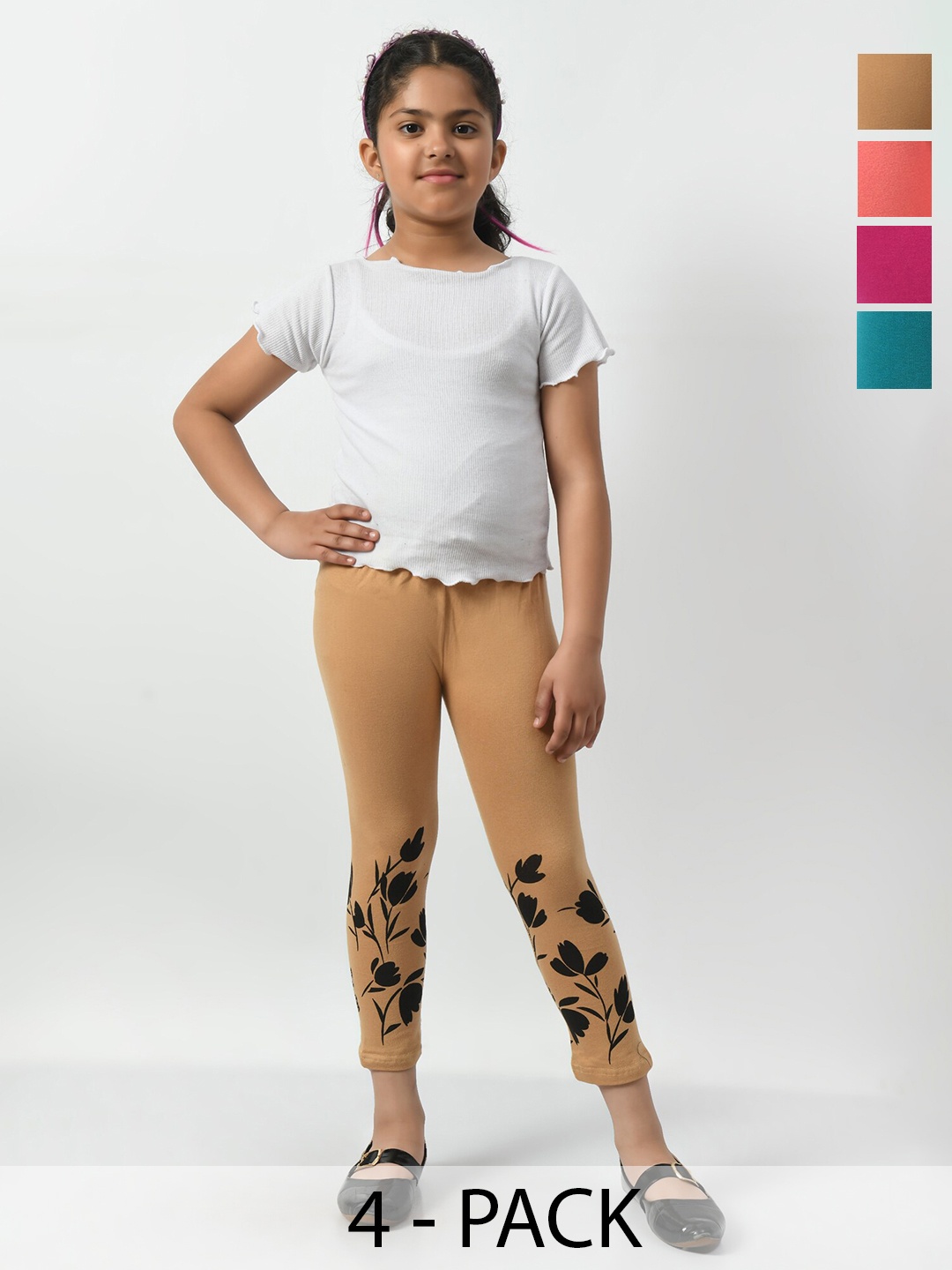 

BAESD Girls Pack of 4 Printed Slim Fit Cotton Capris, Brown