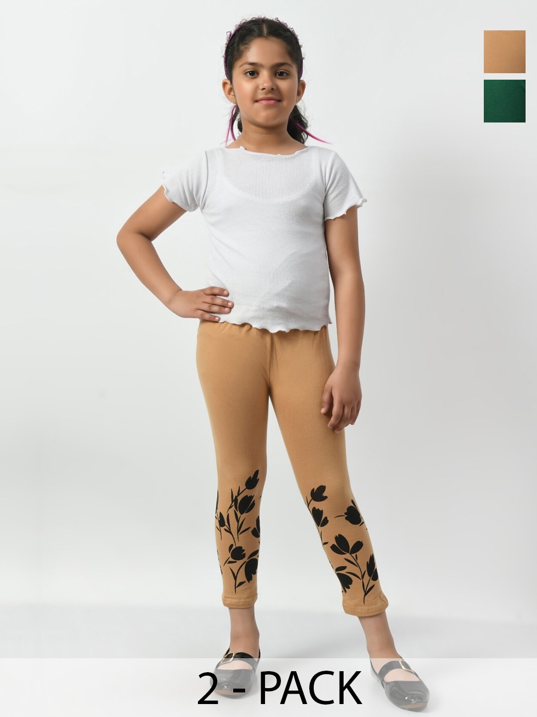 

BAESD Girls Pack of 2 Printed Slim Fit Cotton Capris, Beige