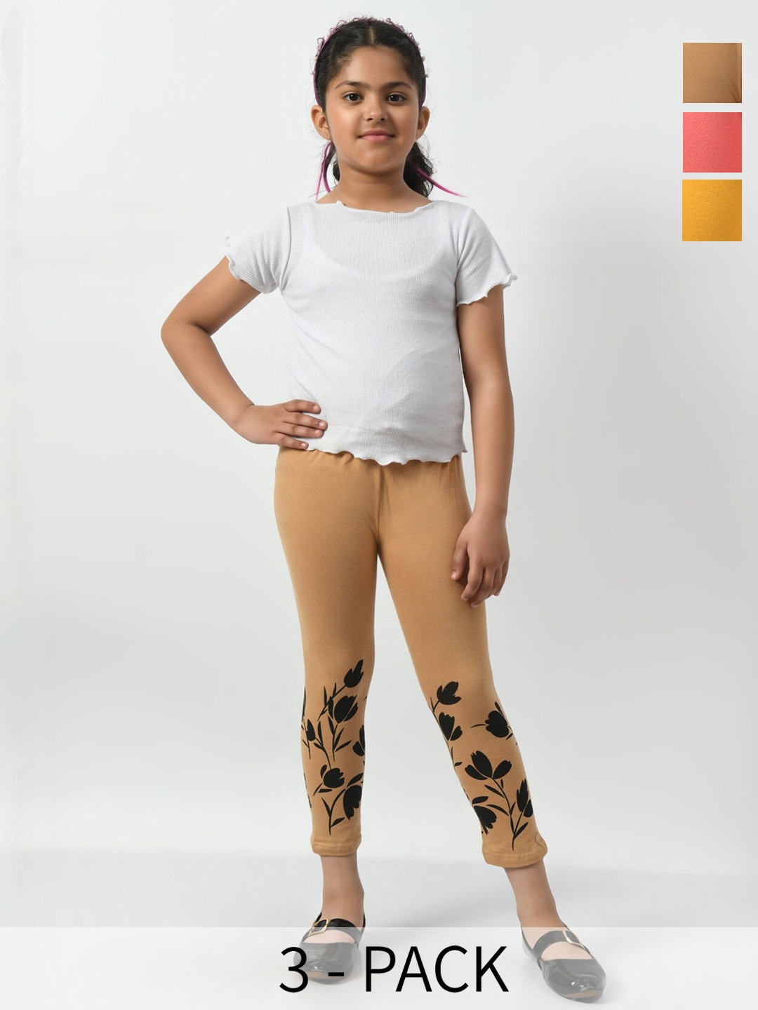 

BAESD Girls Pack of 3 Printed Slim Fit Cotton Capris, Peach