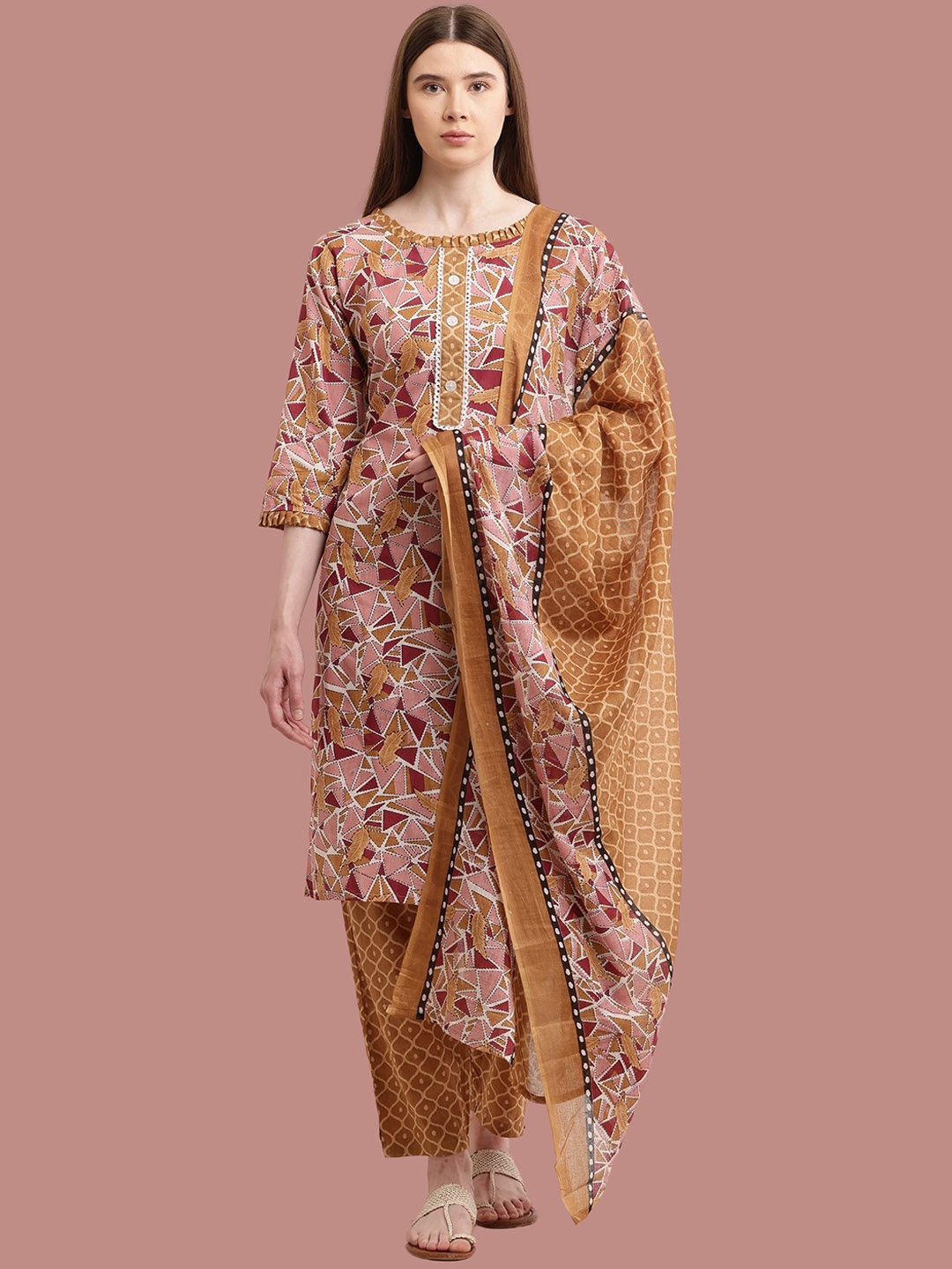 

MAGMINA Floral Printed Round Neck Pure Cotton Straight Kurta with Trousers & Dupatta, Brown