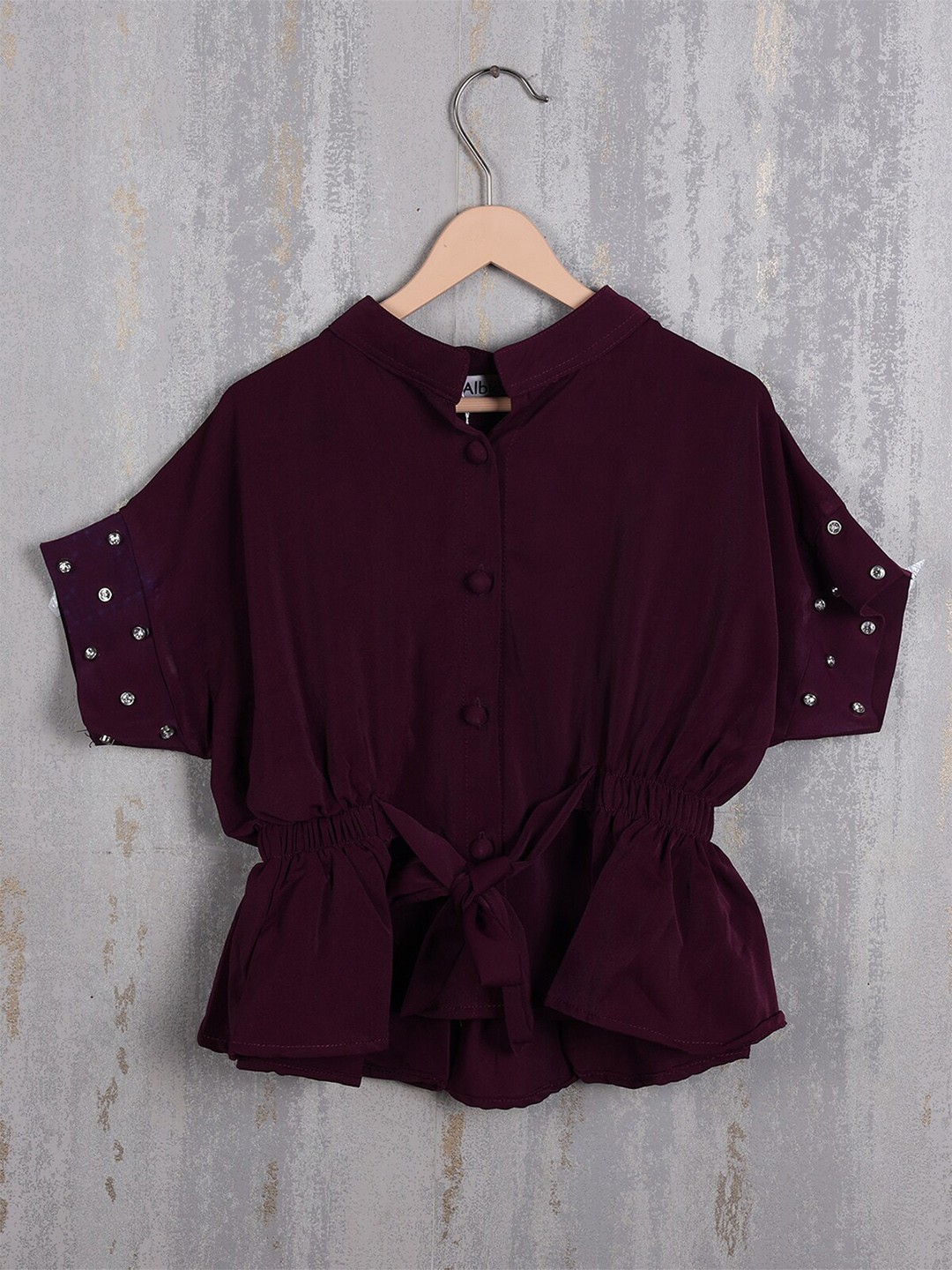 

Albion Mandarin Collar Extended Sleeves Cotton Cinched Waist Top, Maroon
