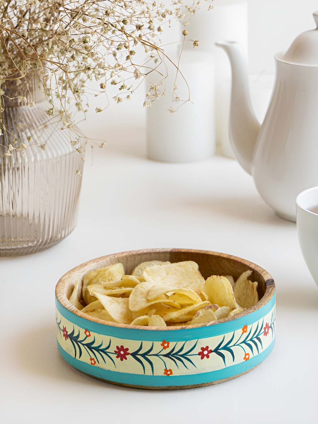 

Mirai Woods White & Blue Wooden Easy to Clean Serving Bowl 400 ml