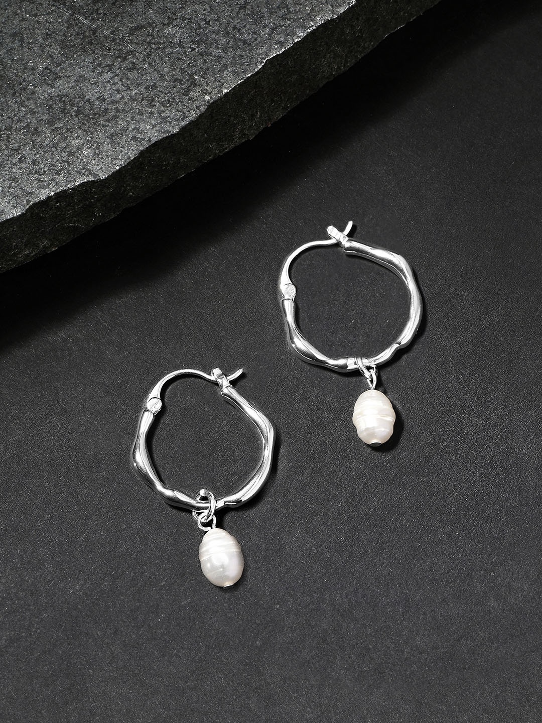 

Accessorize London Women Sterling Silver-plated Molten Pearl Drop Hoops Earrings