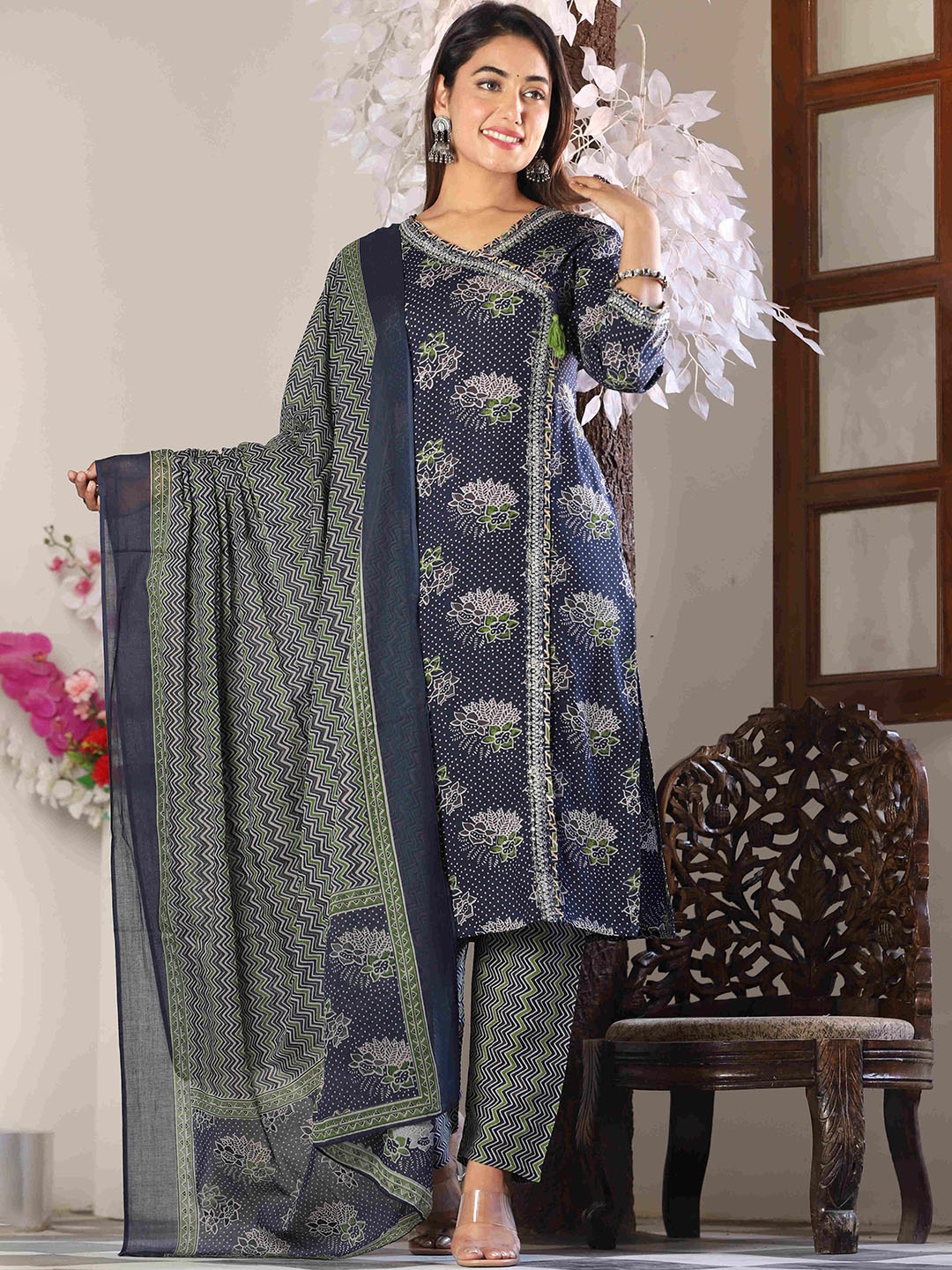 

KALINI Floral Printed Straight Kurta With Trousers & Dupatta, Blue