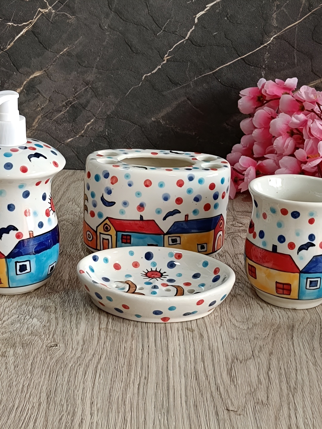 

INDIA MEETS INDIA White 4 Piece Abstract Printed Ceramic Bath Accessories Set