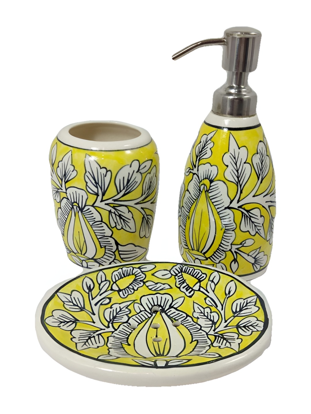 

INDIA MEETS INDIA Yellow 3 Pieces Printed Ceramic Bath Accessories Set