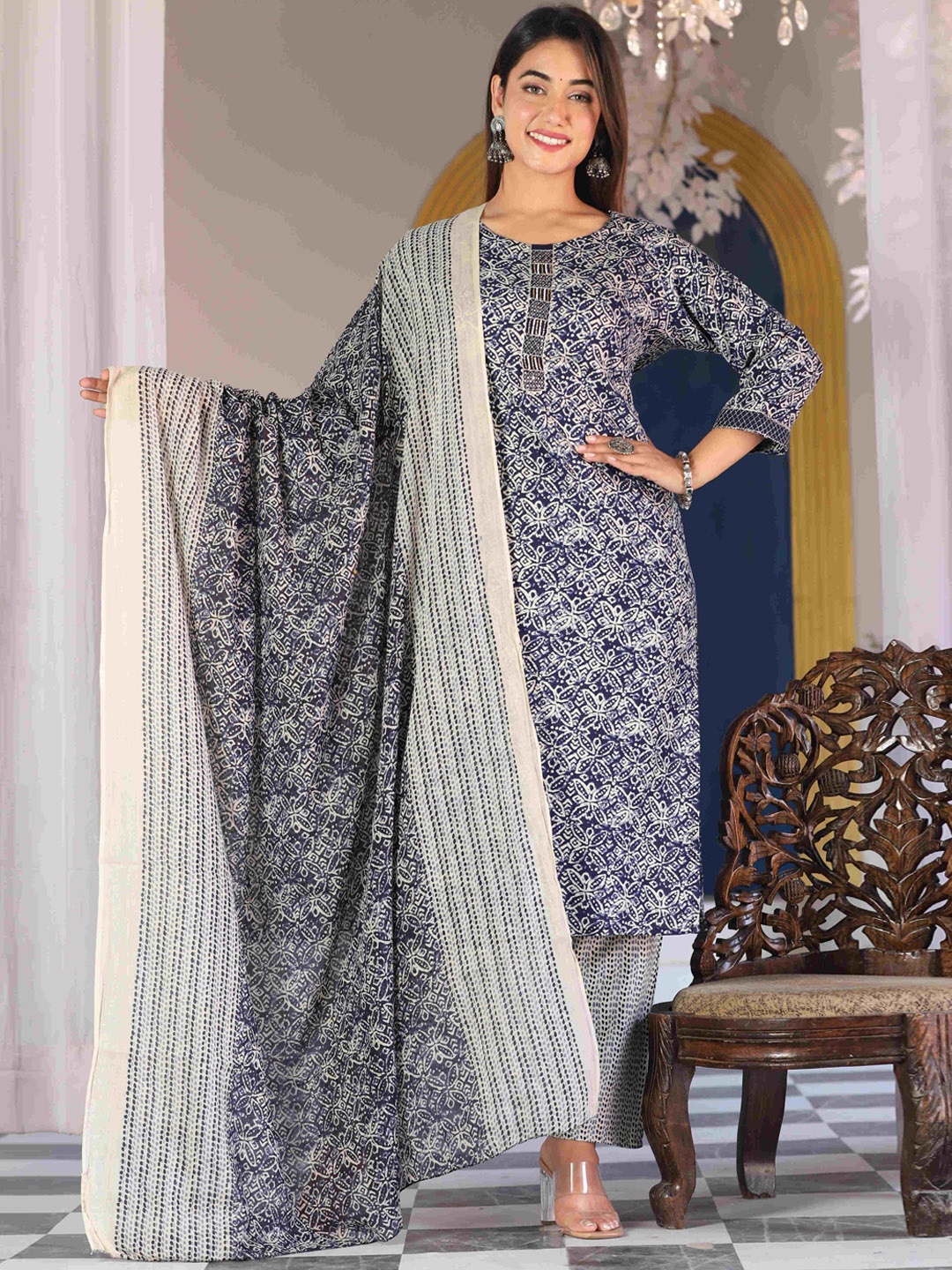 

KALINI Floral Printed Regular Kurta with Trousers & With Dupatta, Blue