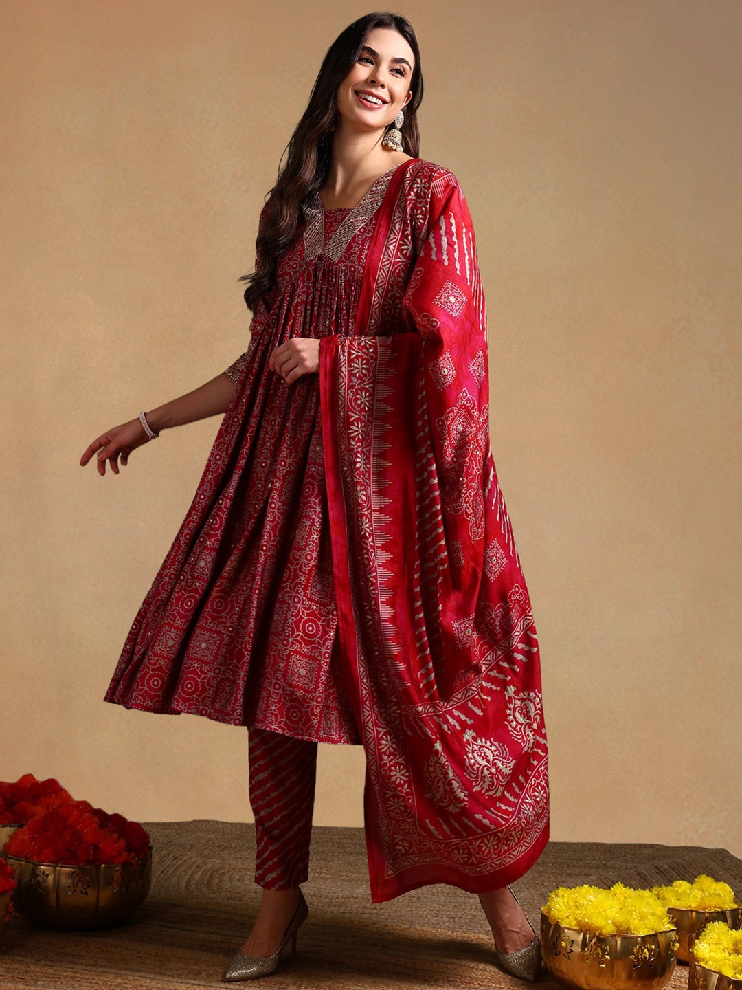 

AHIKA Ethnic Motifs Printed Empire Kurta With Trousers & Dupatta, Maroon