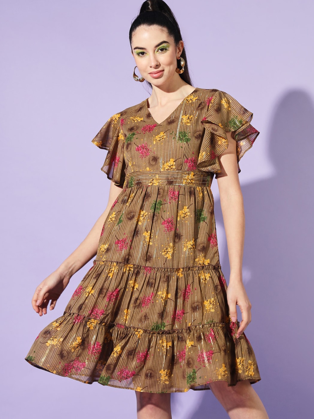 

Slenor Floral Print V-Neck Flutter Sleeve Layered Georgette Fit & Flare Dress, Brown