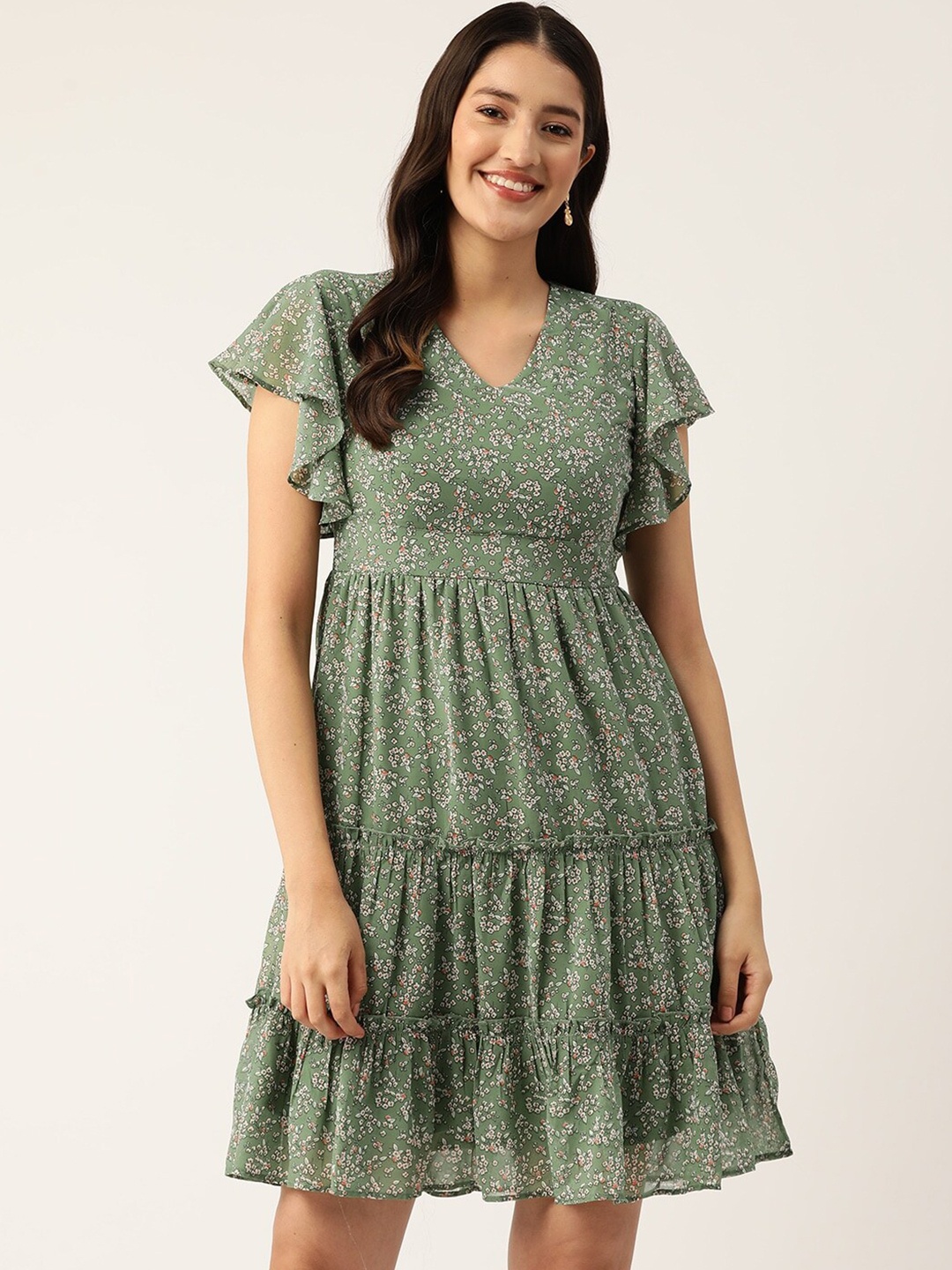 

Slenor Floral Print V-Neck Flutter Sleeve Georgette Fit & Flare Dress, Green