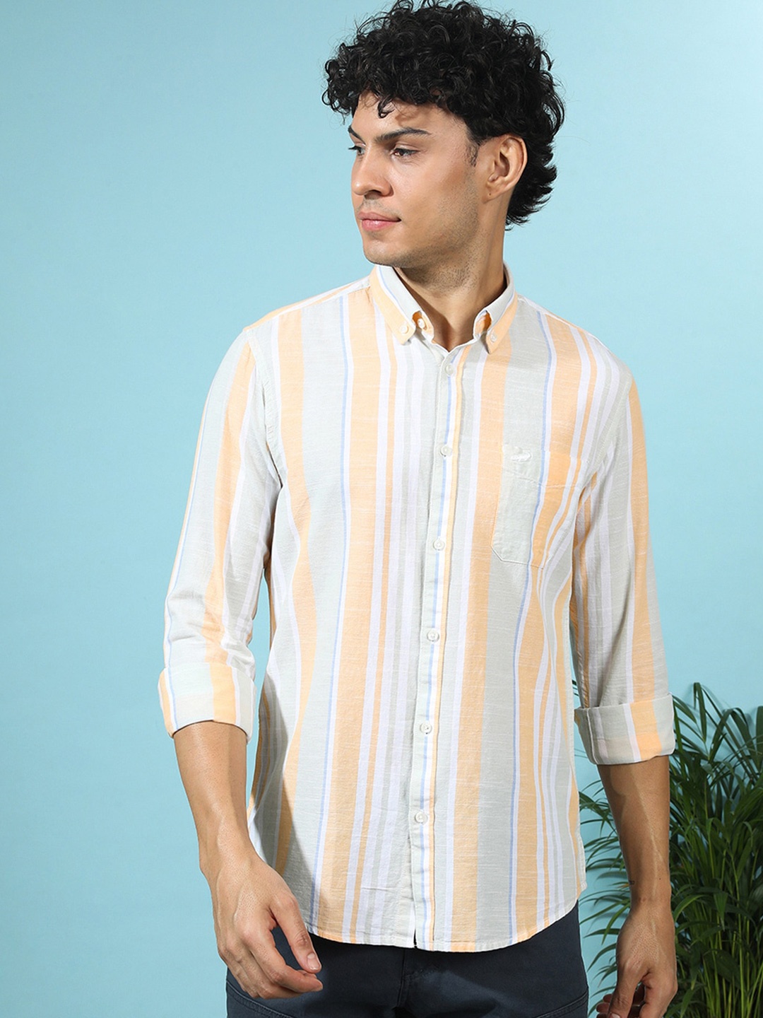 

Crocodile Slim Fit Opaque Striped Cotton Casual Shirt, Orange