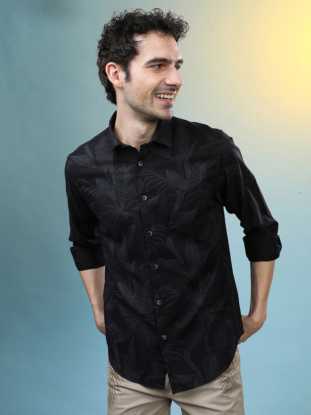 Crocodile Comfort Floral Printed Opaque Cotton Casual Shirt, Black