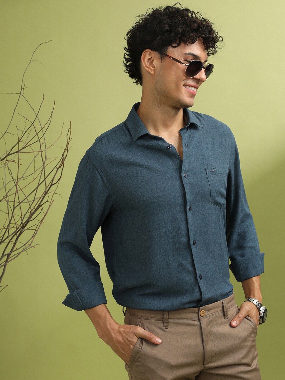 

Crocodile Comfort Spread Collar Cotton Shirt, Navy blue