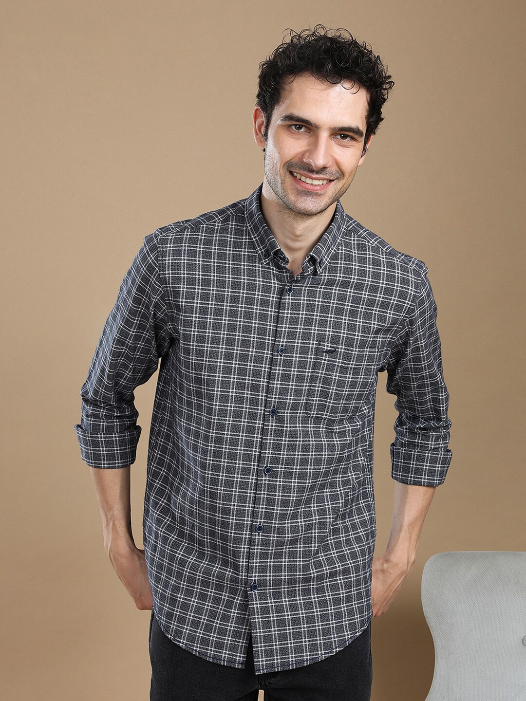 

Crocodile Comfort Checked Spread Collar Cotton Shirt, Navy blue