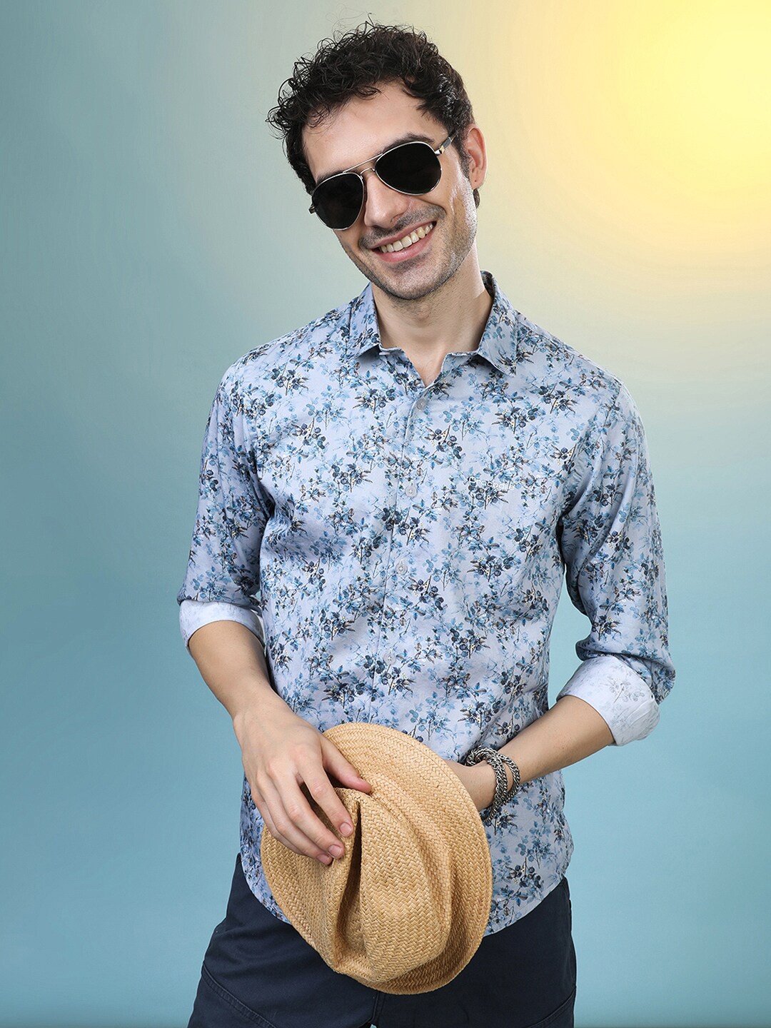 Crocodile Comfort Floral Printed Cotton Casual Shirt, Grey