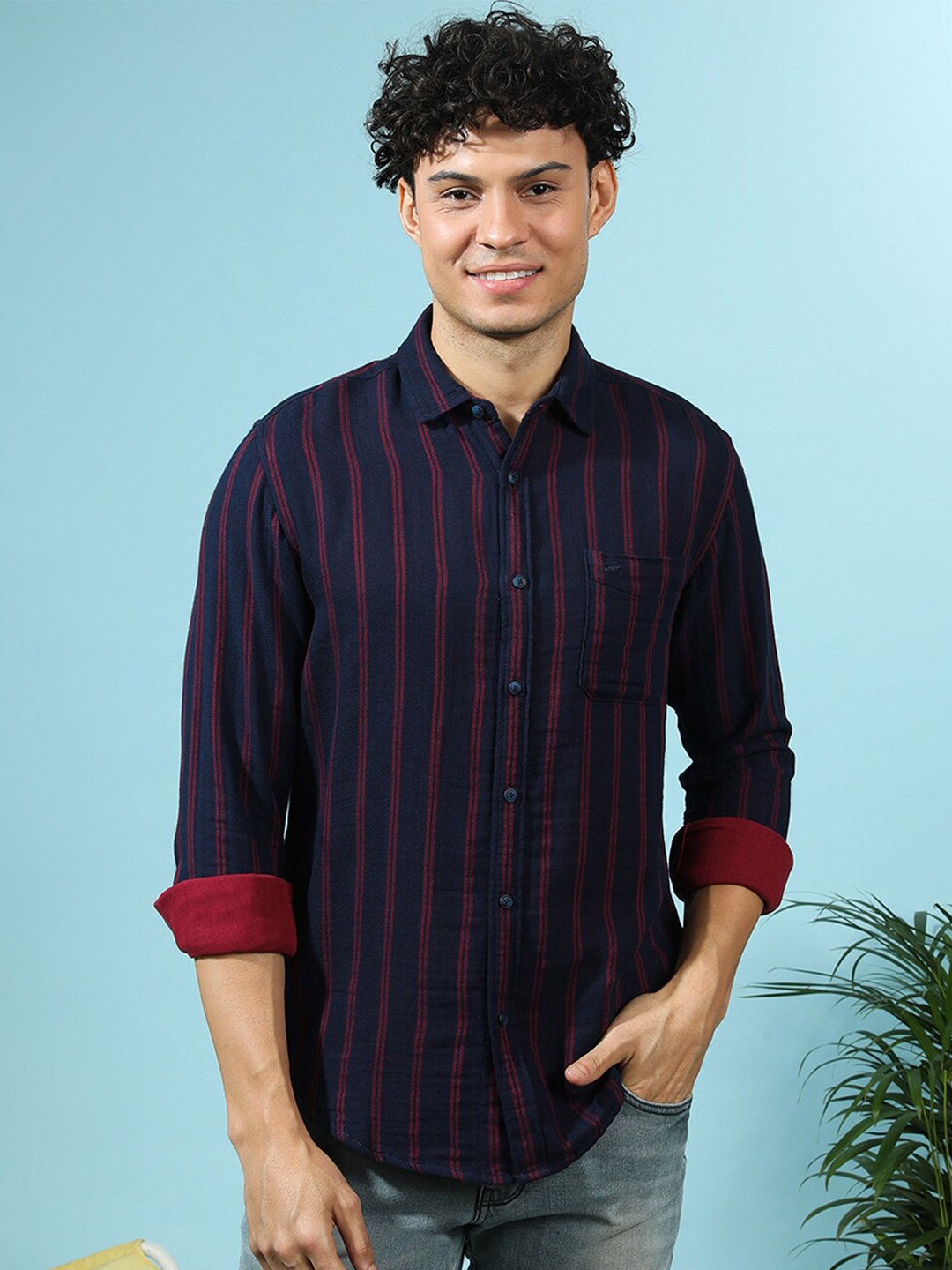 

Crocodile Men Comfort Opaque Striped Cotton Casual Shirt, Navy blue