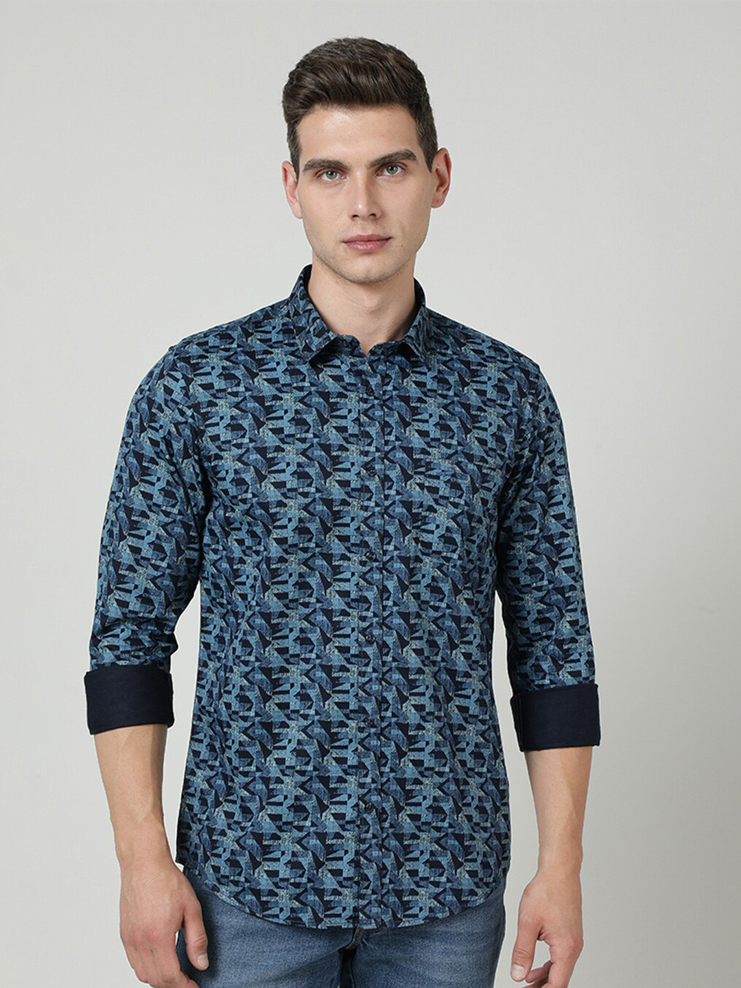 

Crocodile India Slim Fit Geometric Printed Spread Collar Cotton Shirt, Navy blue