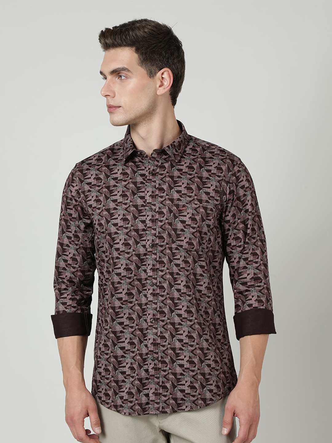 

Crocodile India Slim Fit Geometric Printed Spread Collar Cotton Shirt, Maroon