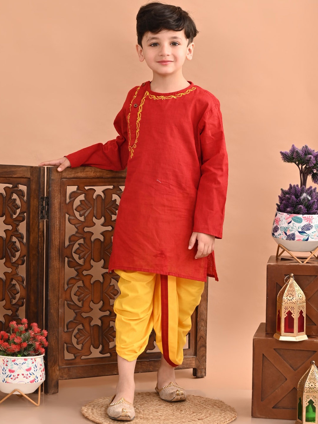 

Superminis Boys Regular Thread Work Pure Cotton Kurta with Dhoti Pants, Maroon