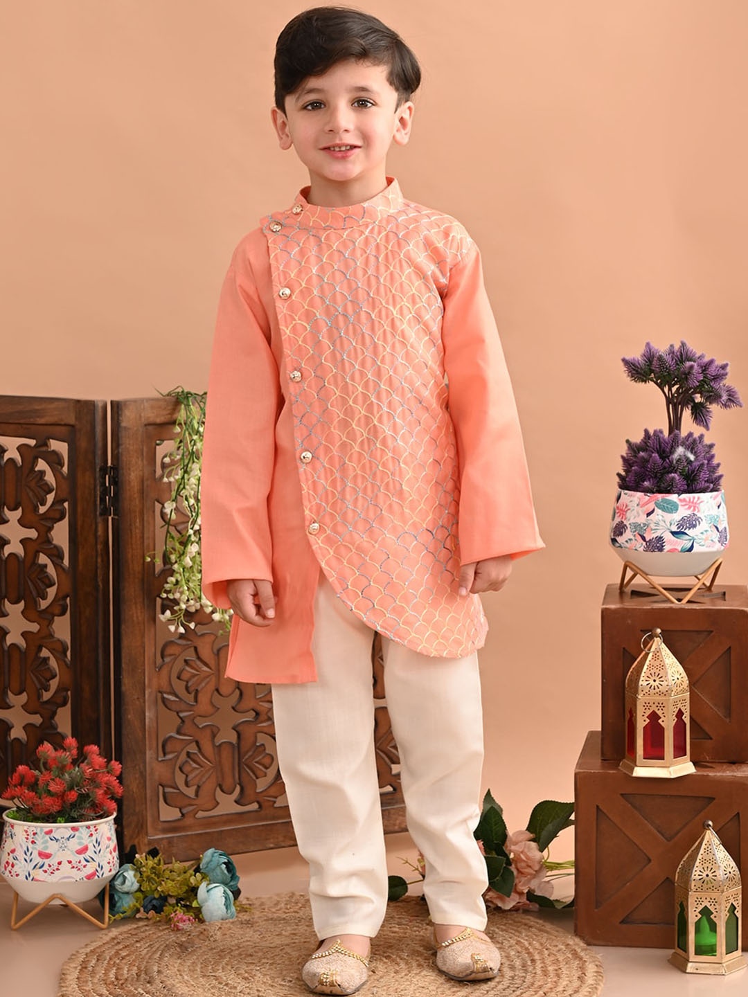 

Superminis Boys Embroidered Angrakha Thread Work Pure Cotton Kurta with Pyjamas, Peach