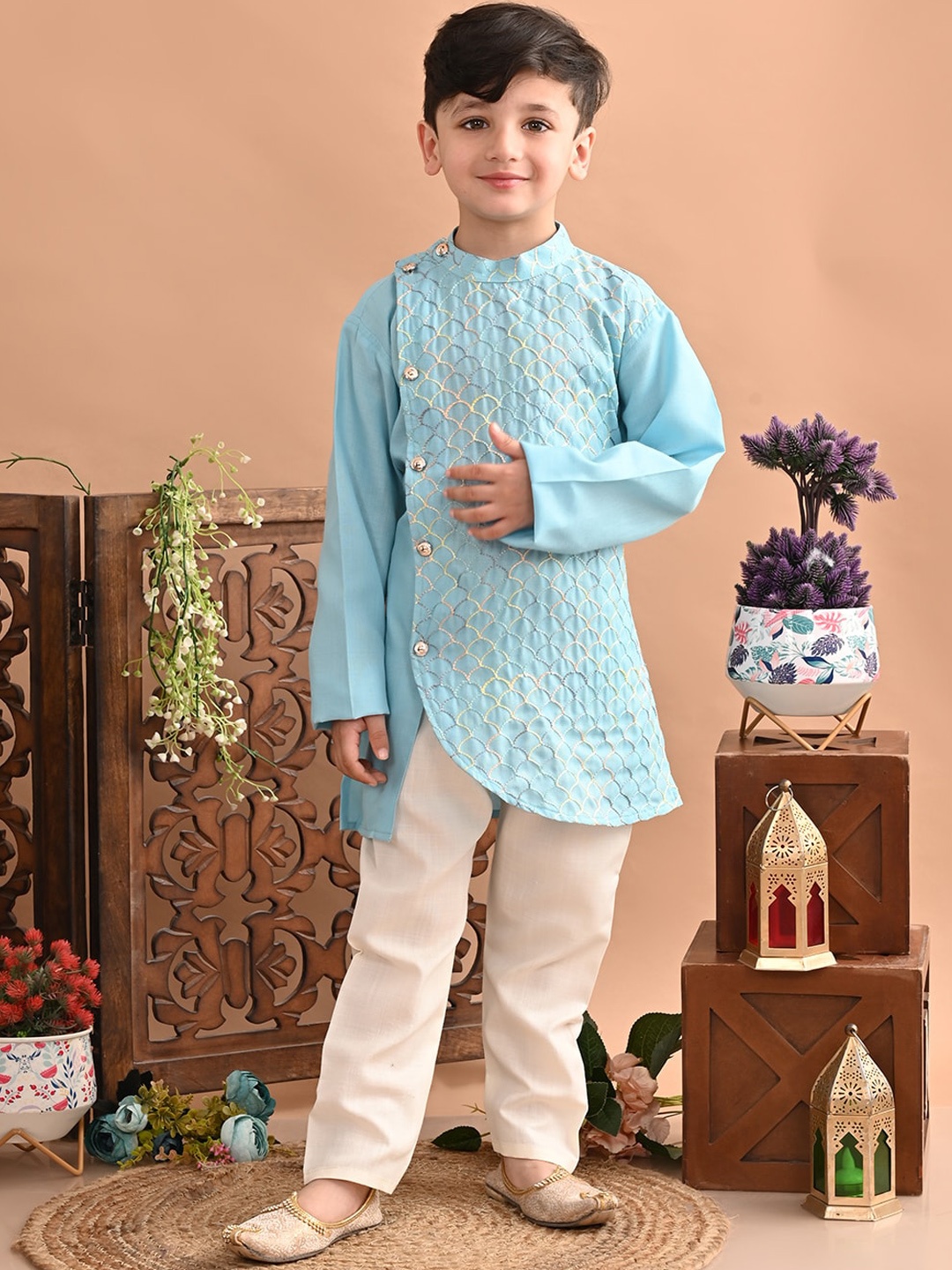 

Superminis Boys Embroidered Angrakha Thread Work Pure Cotton Kurta with Pyjamas, Blue