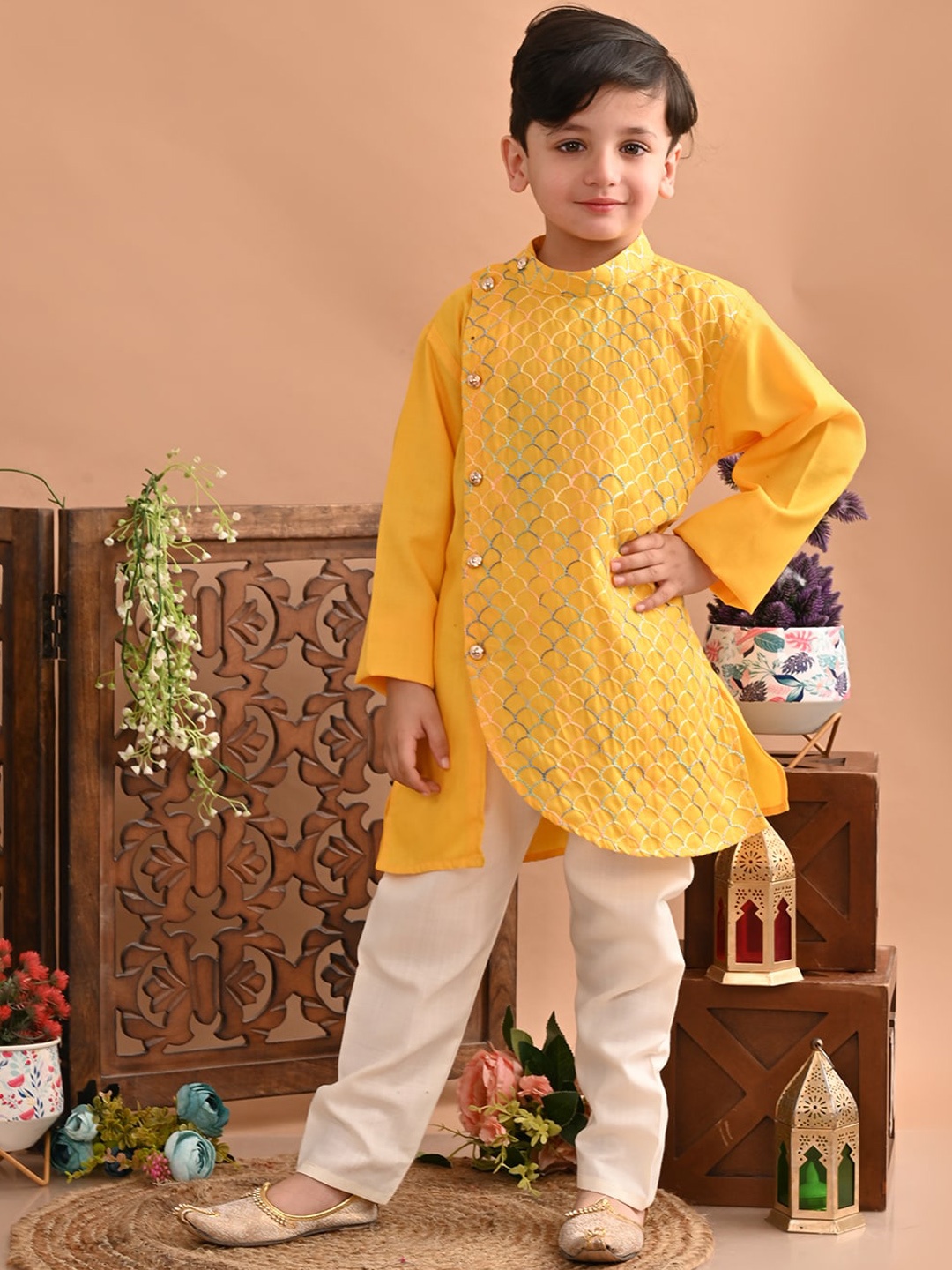 

Superminis Boys Embroidered Angrakha Thread Work Pure Cotton Kurta with Pyjamas, Yellow