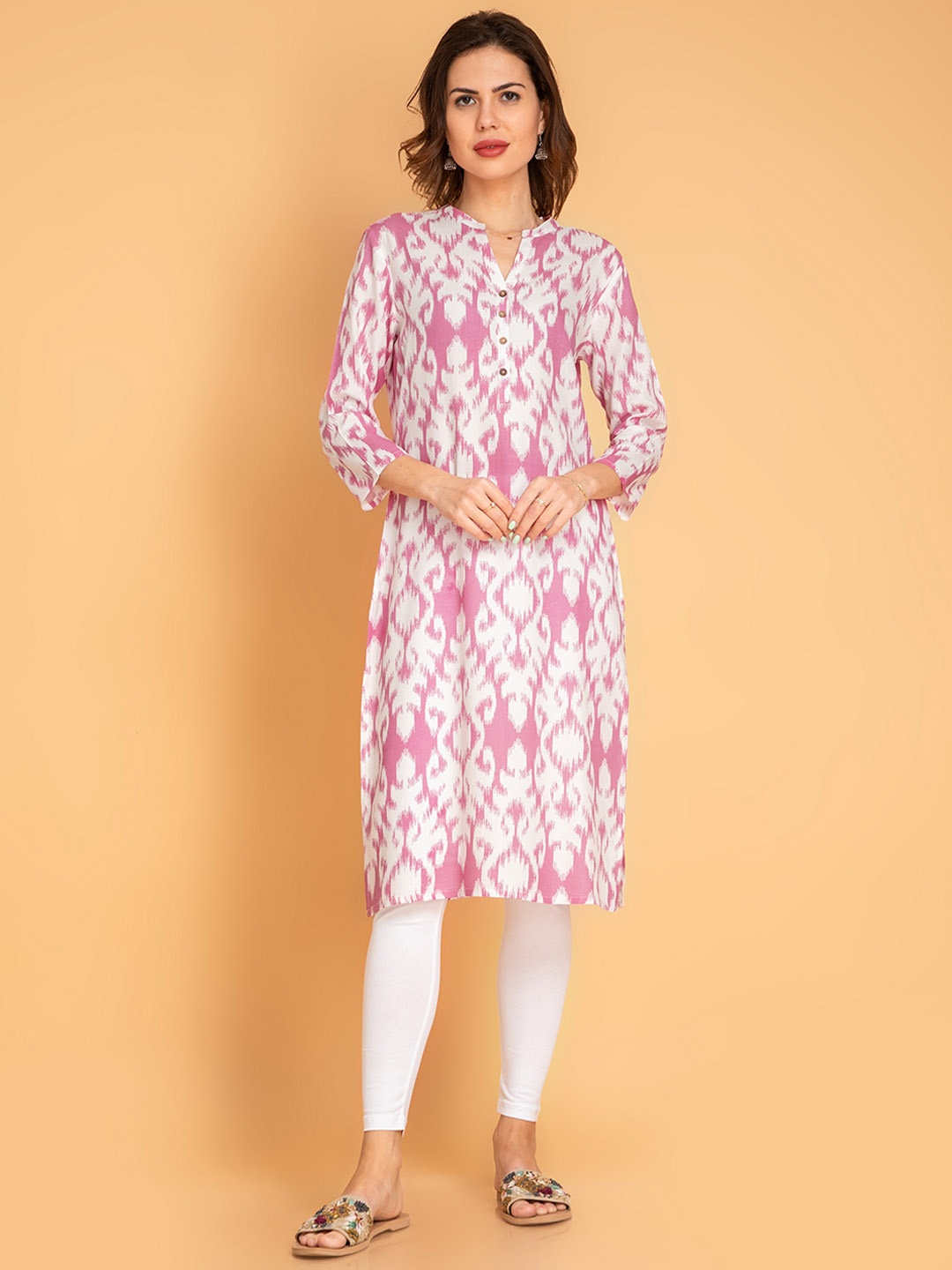 

fabGLOBAL Abstract Printed Mandarin Collar Straight Kurta, Mauve