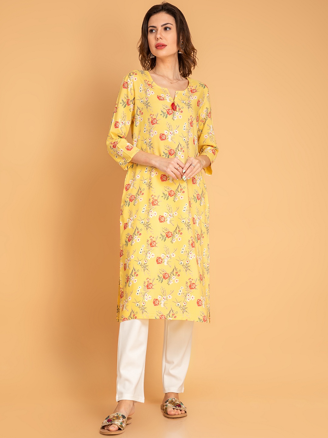 fabGLOBAL Floral Printed Straight Kurta, Yellow