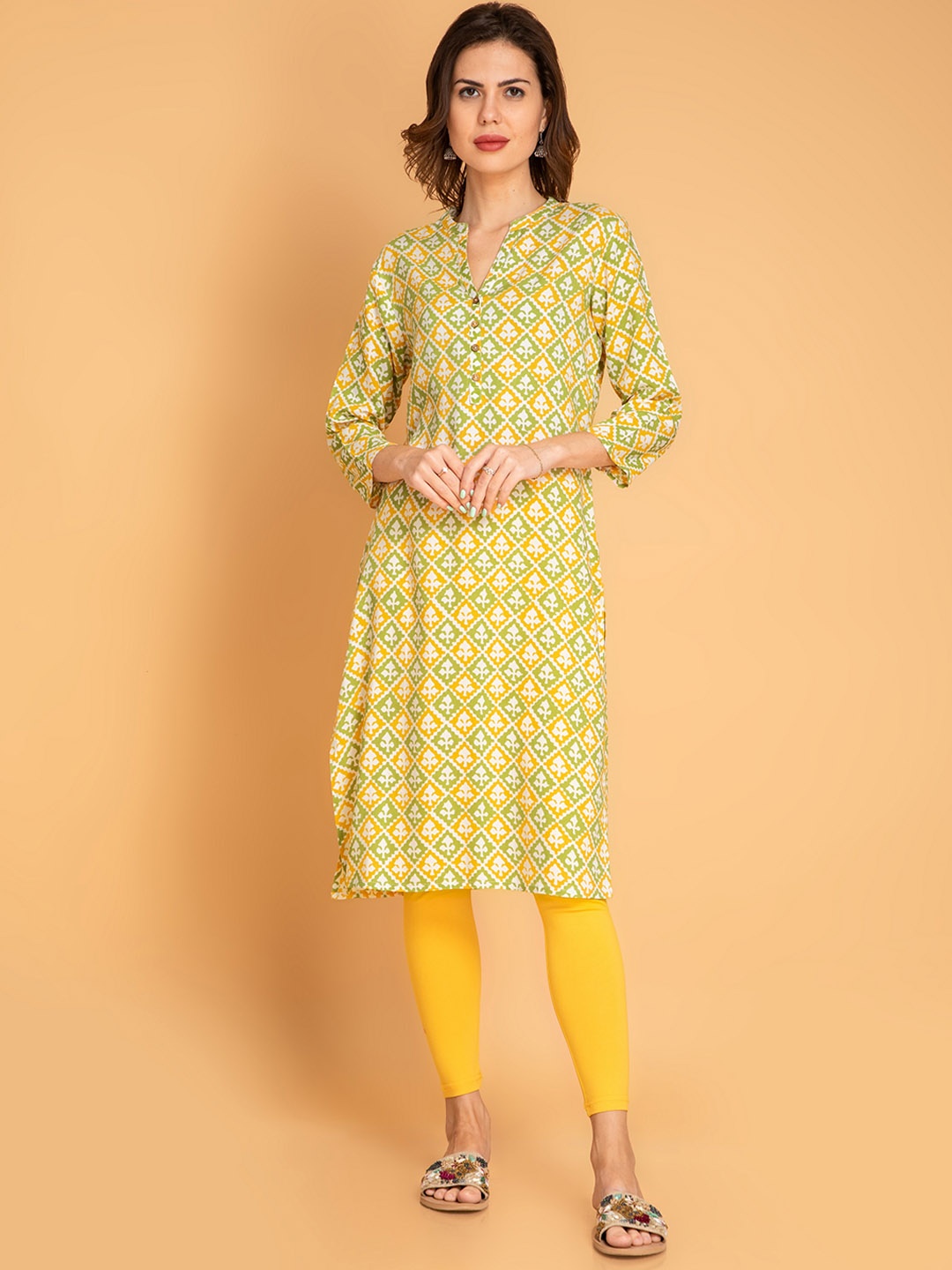 

fabGLOBAL Ethnic Motifs Printed Mandarin Collar A-line Kurta, Yellow