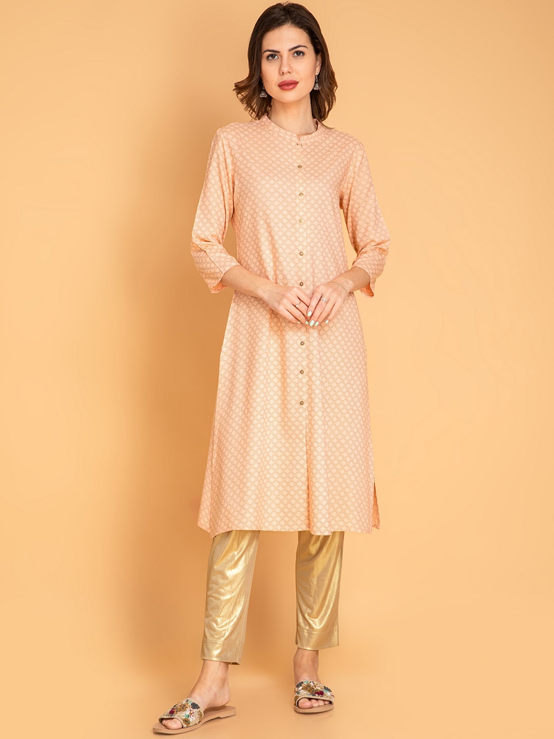 

fabGLOBAL Geometric Printed Mandarin Collar A-line Kurta, Peach