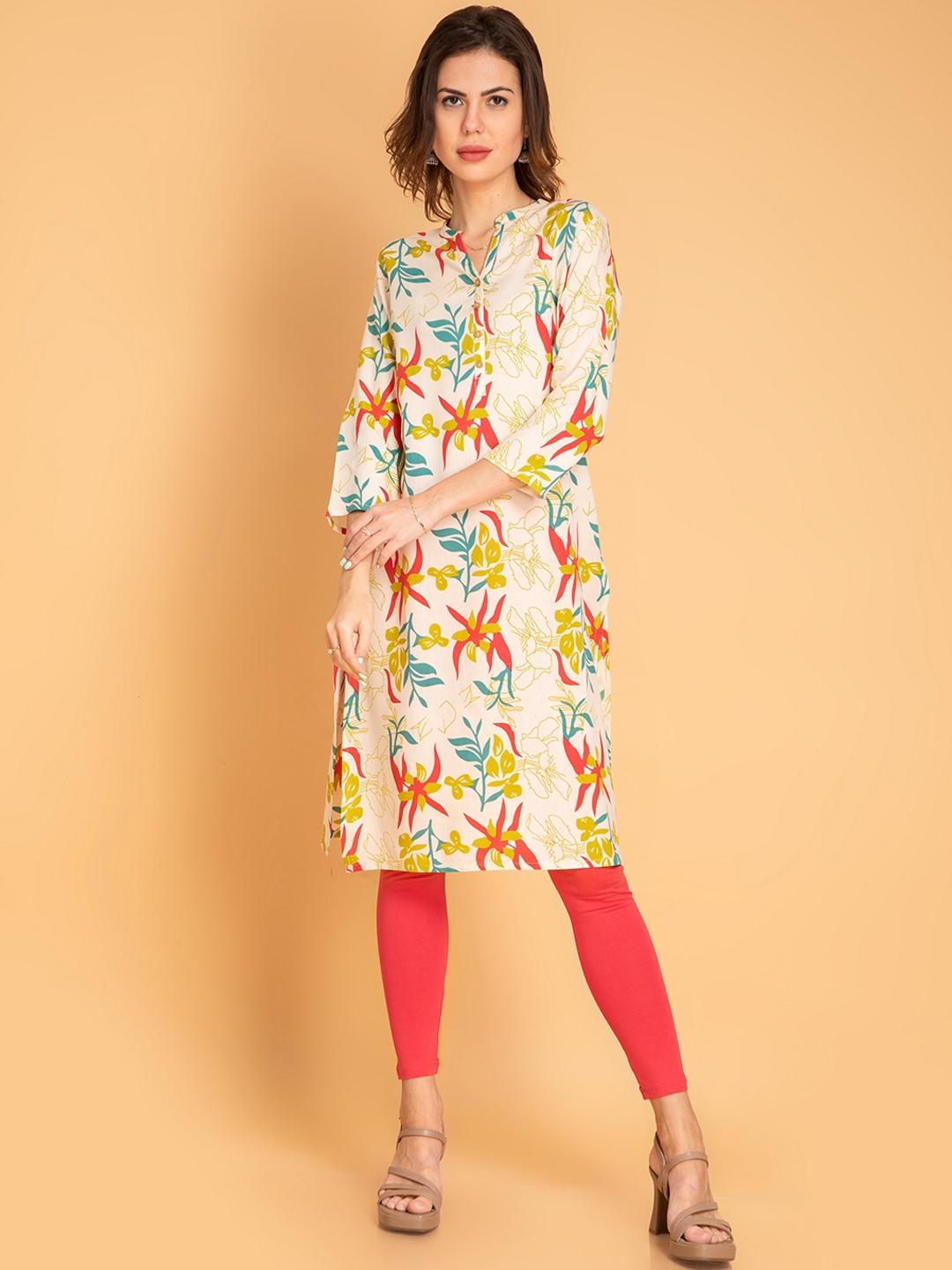 

fabGLOBAL Floral Printed Mandarin Colla Straight Kurta, White