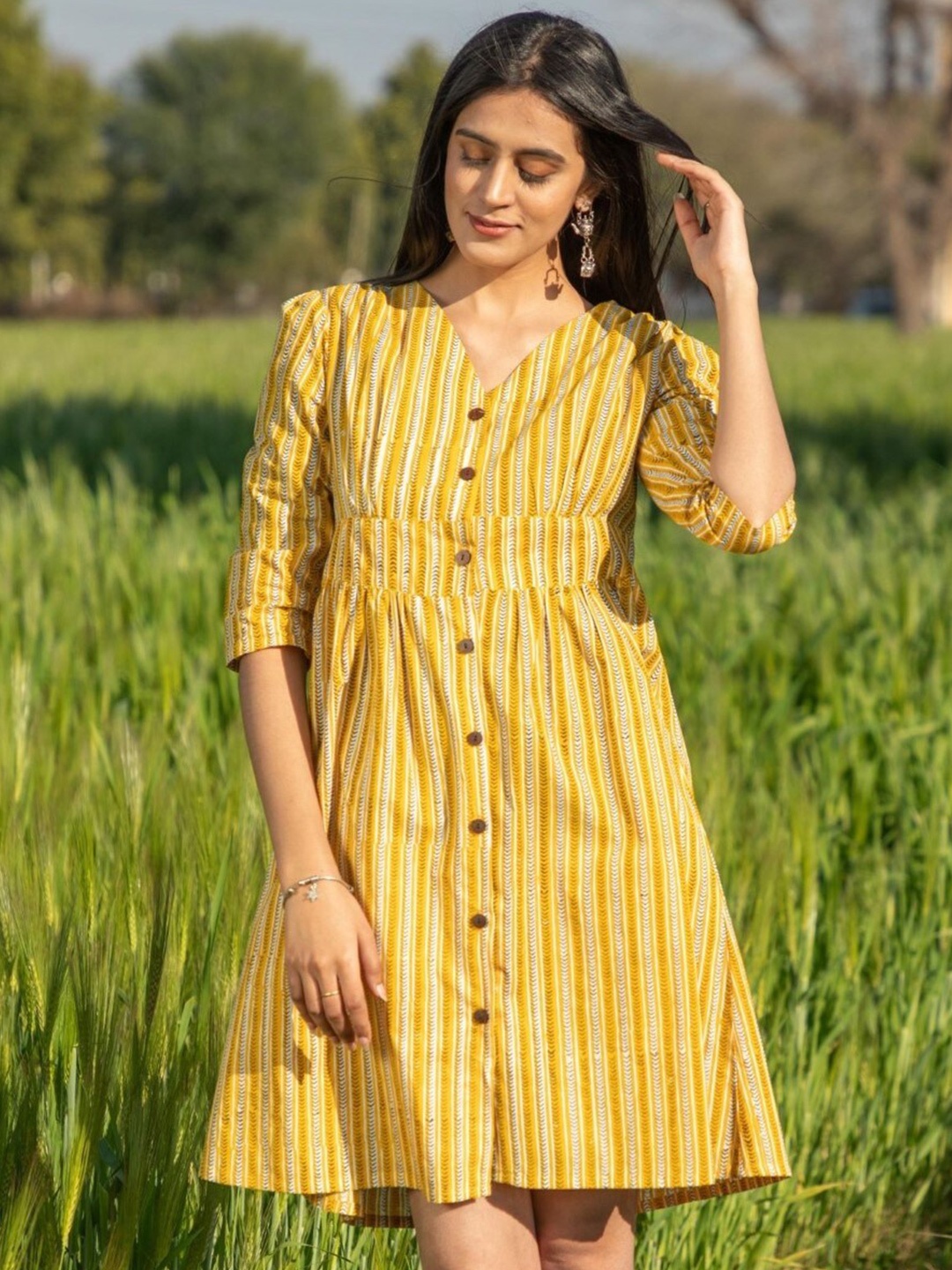 

SootiSyahi Striped V-Neck Pure Cotton A-Line Dress, Yellow