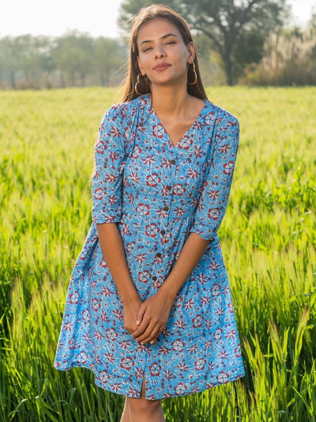 

SootiSyahi Floral Printed V-Neck Cotton A-Line Dress, Turquoise blue