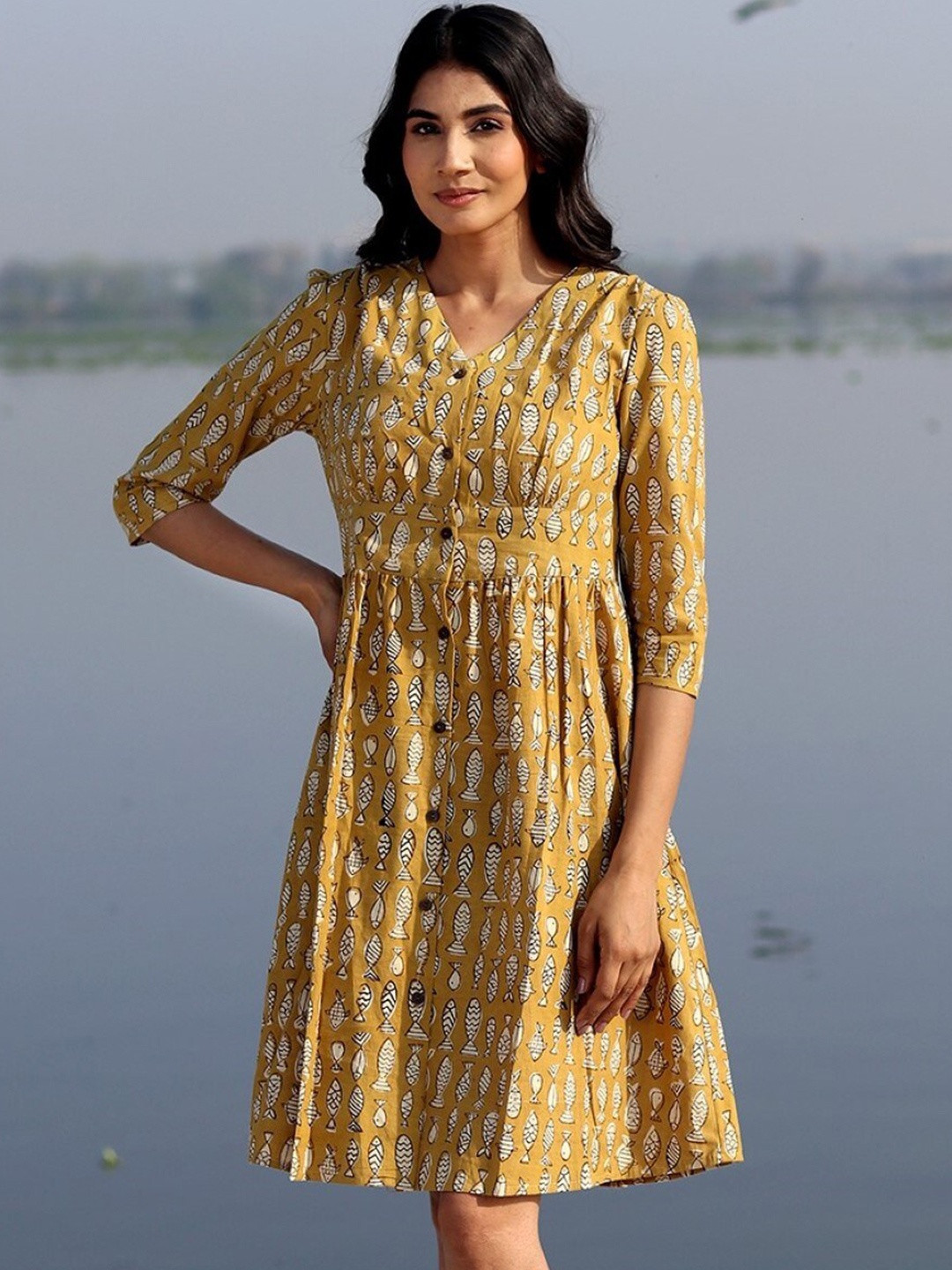 

SootiSyahi Print Cotton Fit & Flare Dress, Mustard