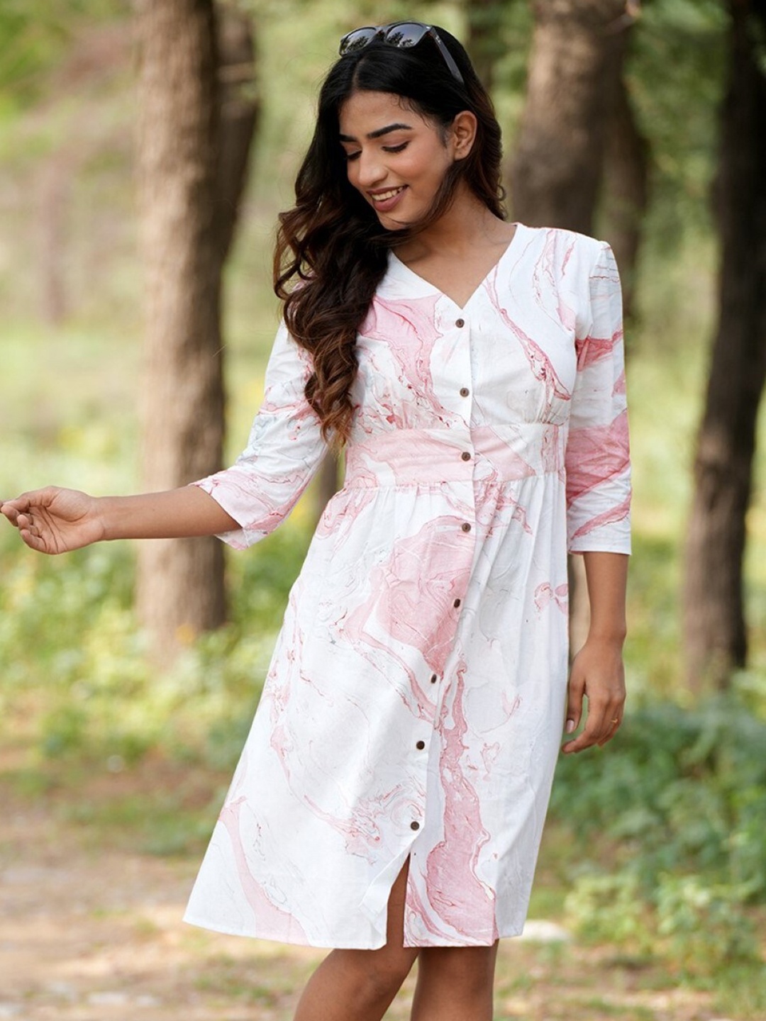 

SootiSyahi Print Three-Quarter Sleeves Cotton A-Line Dress, Pink