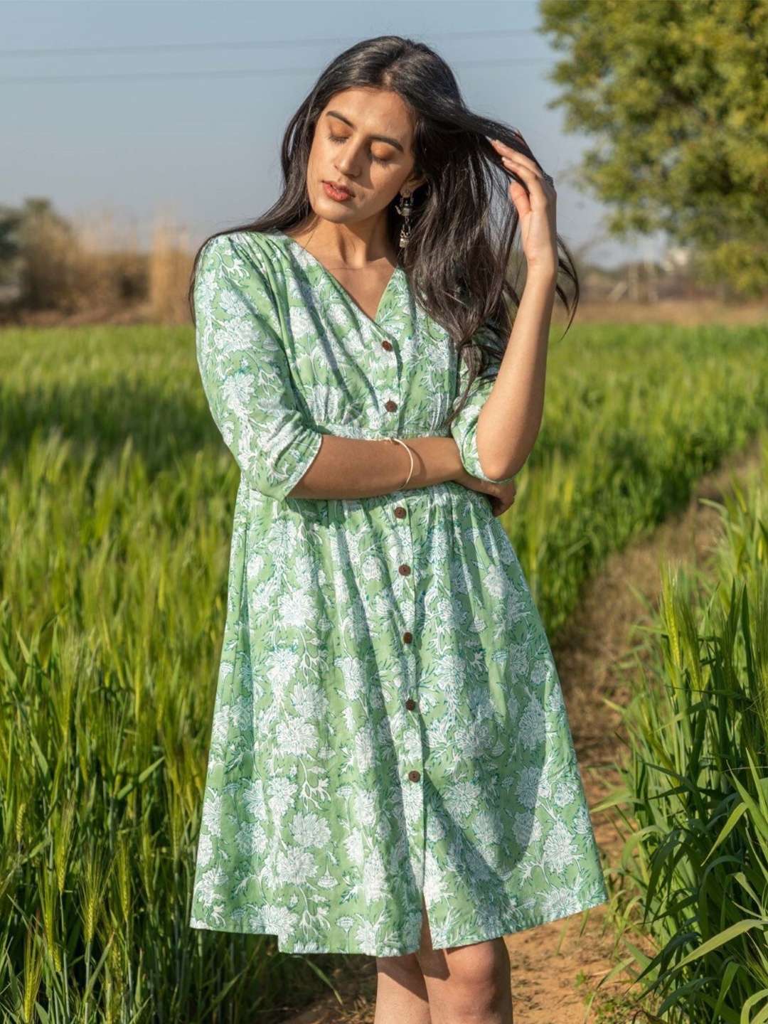 

SootiSyahi Floral Print V-Neck Cotton Pleated A-Line Dress, Sea green