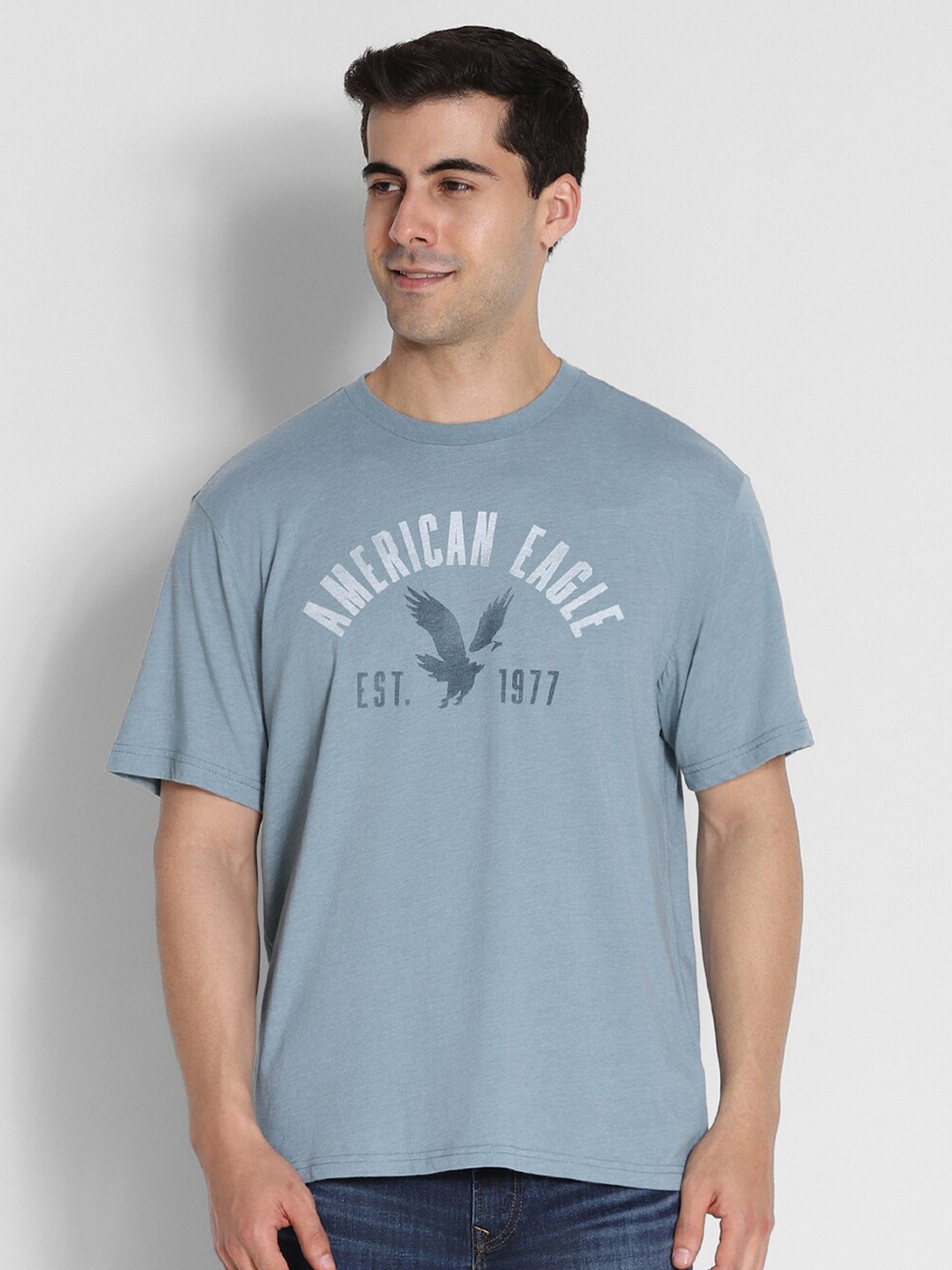 

AMERICAN EAGLE OUTFITTERS Typography Printed Round Neck Casual T-shirt, Blue