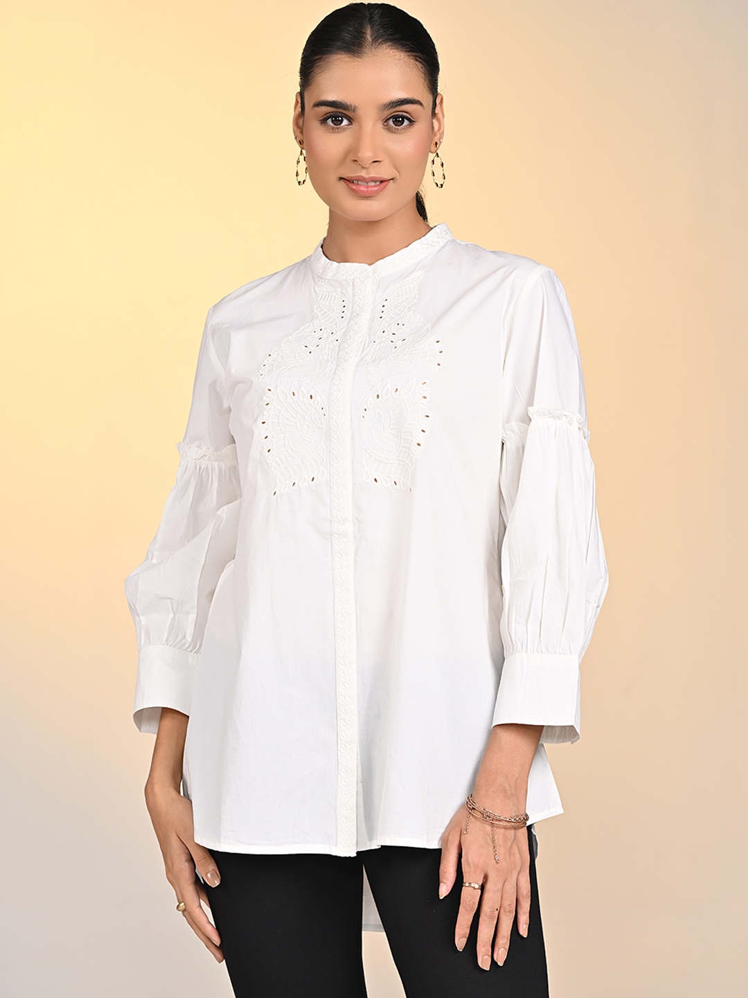 

Lakshita Classic Mandarin Collar Tailored Fit Opaque Casual Shirt, Off white