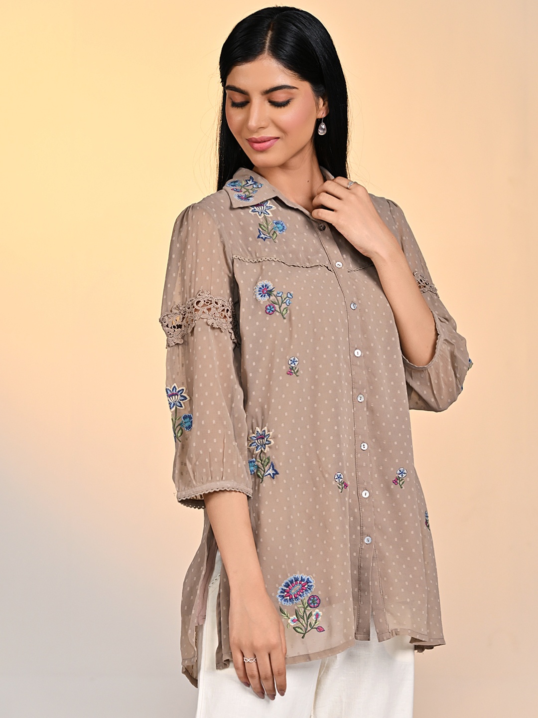 

Lakshita Classic Tailored Fit Semi Sheer Printed Casual Shirt, Beige