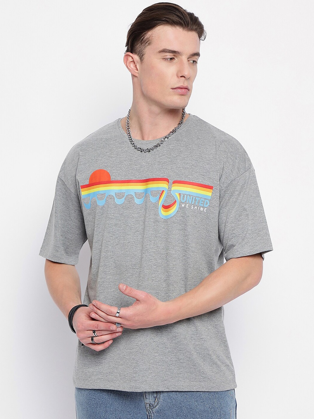 

Wear Your Mind Graphic Printed Drop-Shoulder Sleeves Cotton Oversized T-shirt, Grey