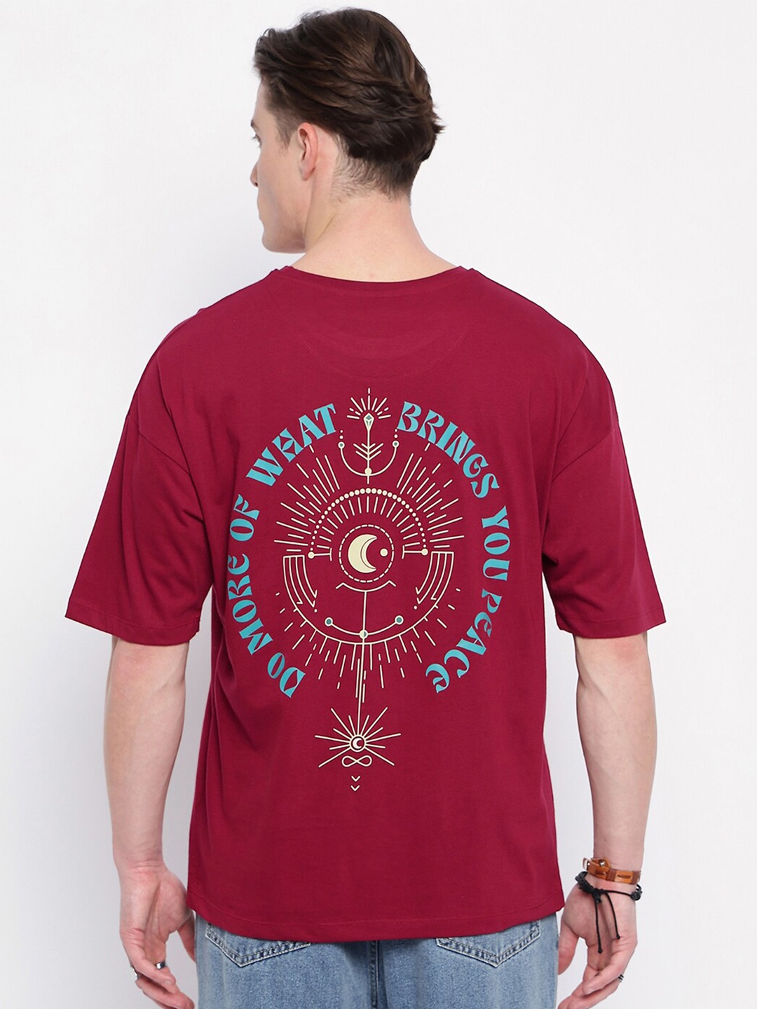 

Wear Your Mind Typography Printed Drop-Shoulder Sleeves Cotton Oversized T-shirt, Maroon